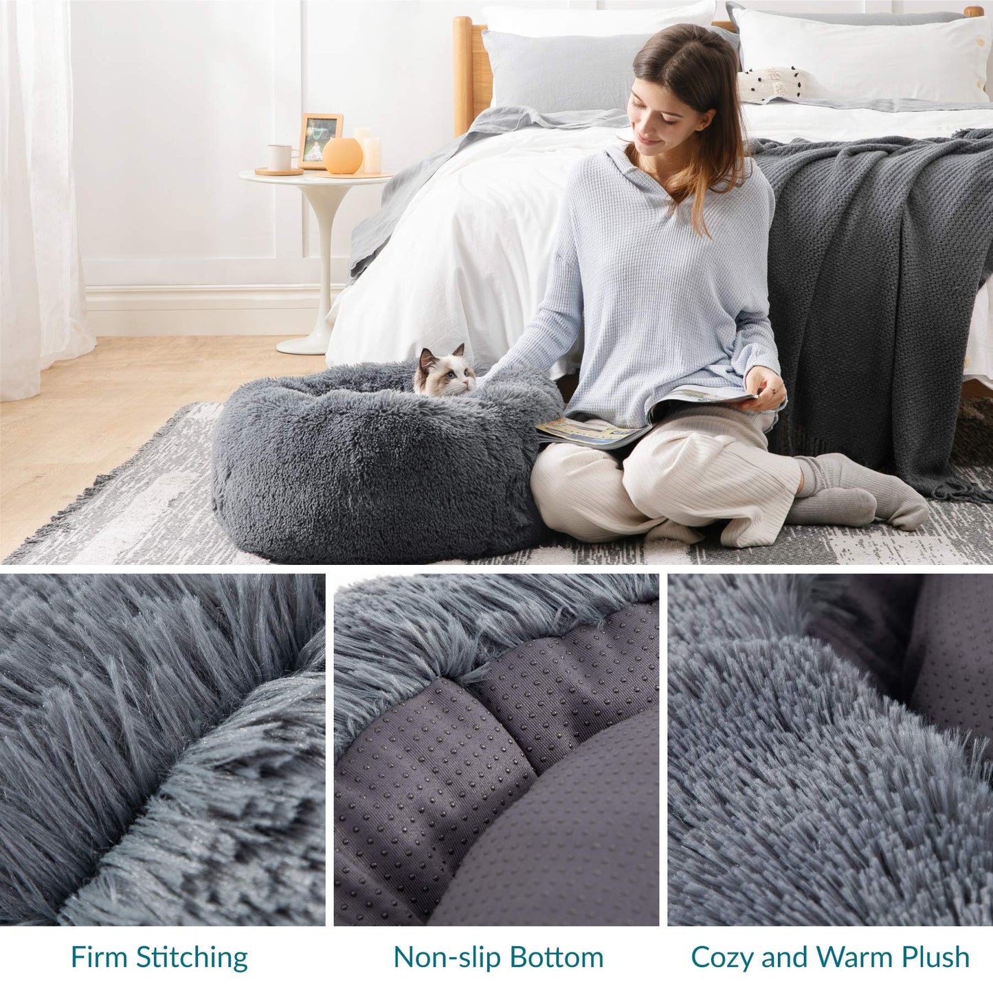 Bedsure Small Dog Bed Washable - Self Calming Dog Beds - 23 inches Fluffy Donut Cuddler for Small Deep Sleep Cat up to 25lbs - Indoor Round Dog Bed – Grey