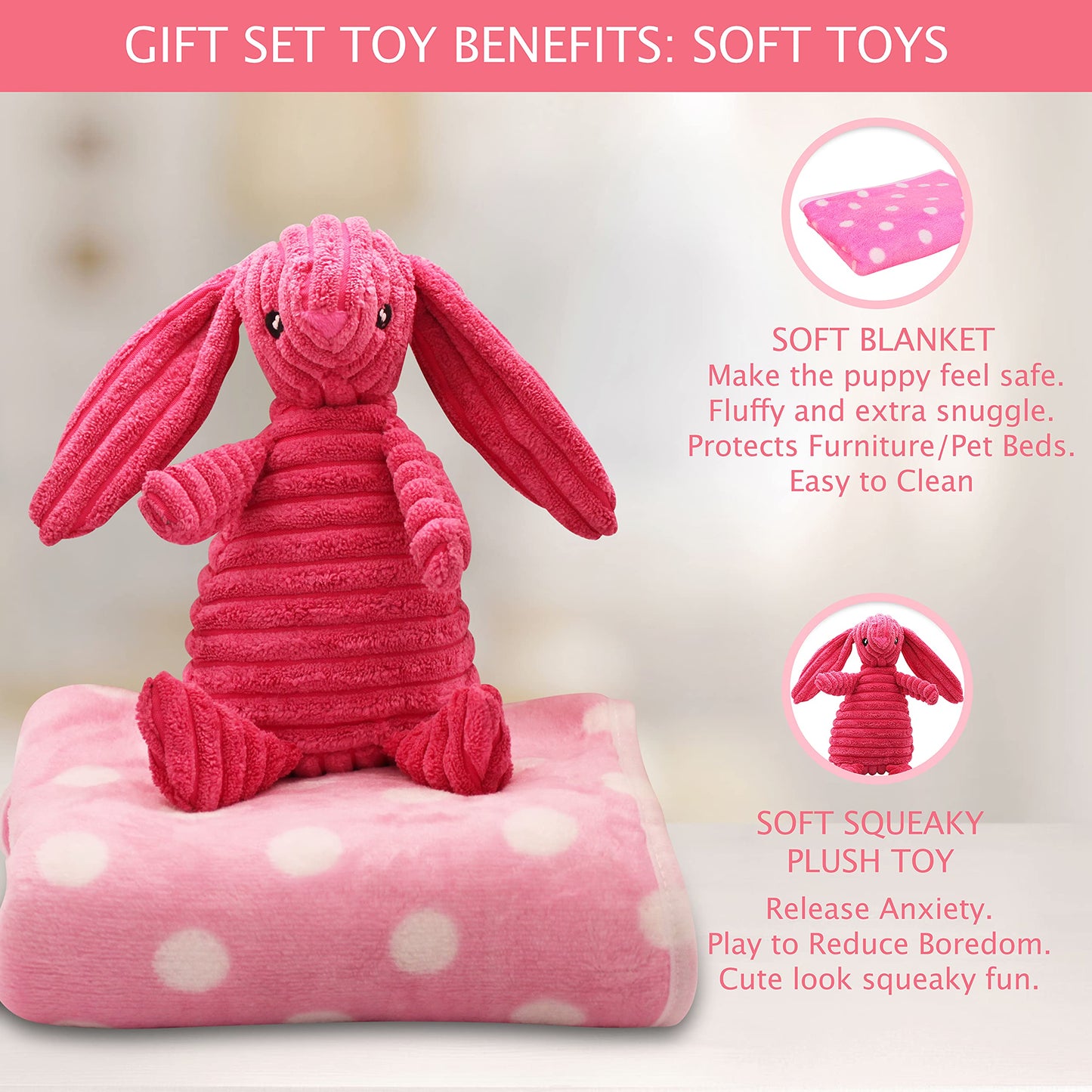 SoSoCute Pink Dog Gift Box - Puppy Chew Toy Set of 5 - Care Package with Dog Blanket, Squeaky Plush, Rubber Puppy Teether, Teething Ball, and Treat Ball for Small and Medium Dogs