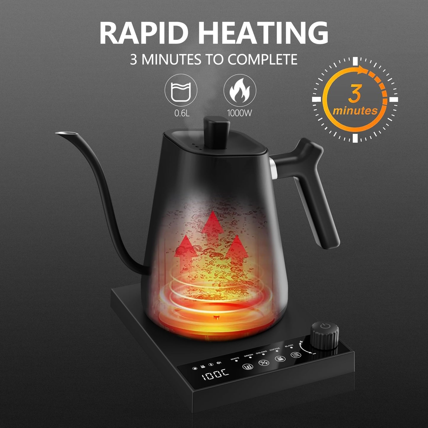 LXTaoler Electric Gooseneck Kettle, 0.6L Pour Over Electric Kettle, 1000 Watt Temperature Control &Quick Heating, Stainless Steel Inner, Tea Kettle (Black)
