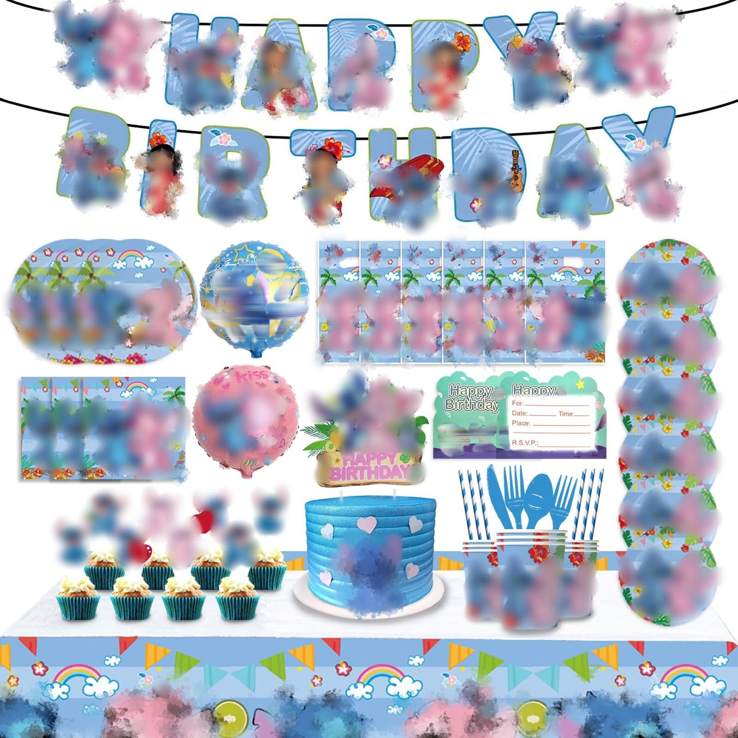 139pcs Birthday Party Supplies Set, Stic Anime Theme Birthday Decorations for Kids, Plates, Cake Toppers, Balloons, Invites, Straw, Tablecloth etc.,Reusable(Blue).