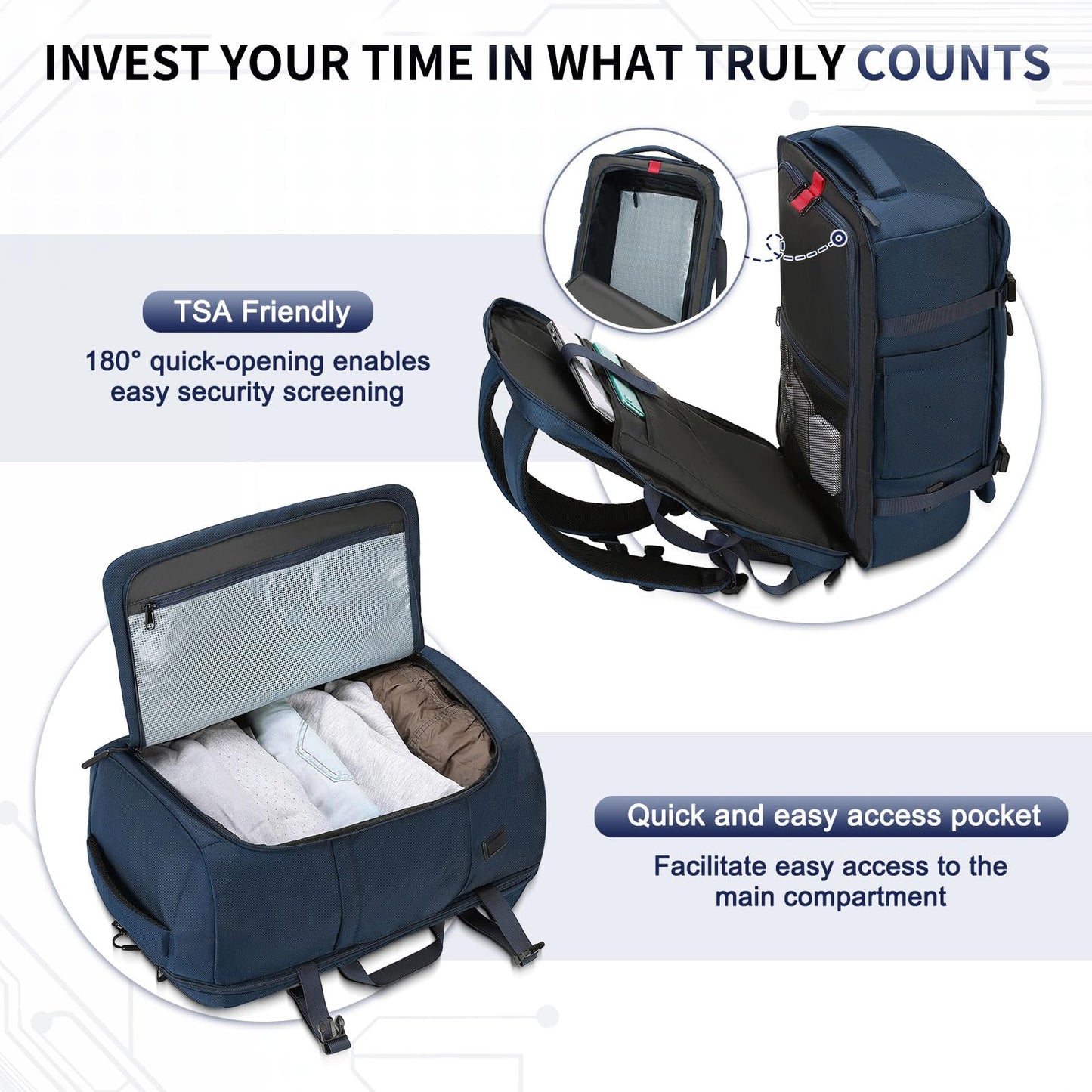 SUIKIHUM 40L Travel Backpack, TSA Friendly Flight Approved Carry on Backpack for Men Women, Fits 17.3 Inch Laptop with USB-A&C Ports, Weekender Bag, Blue