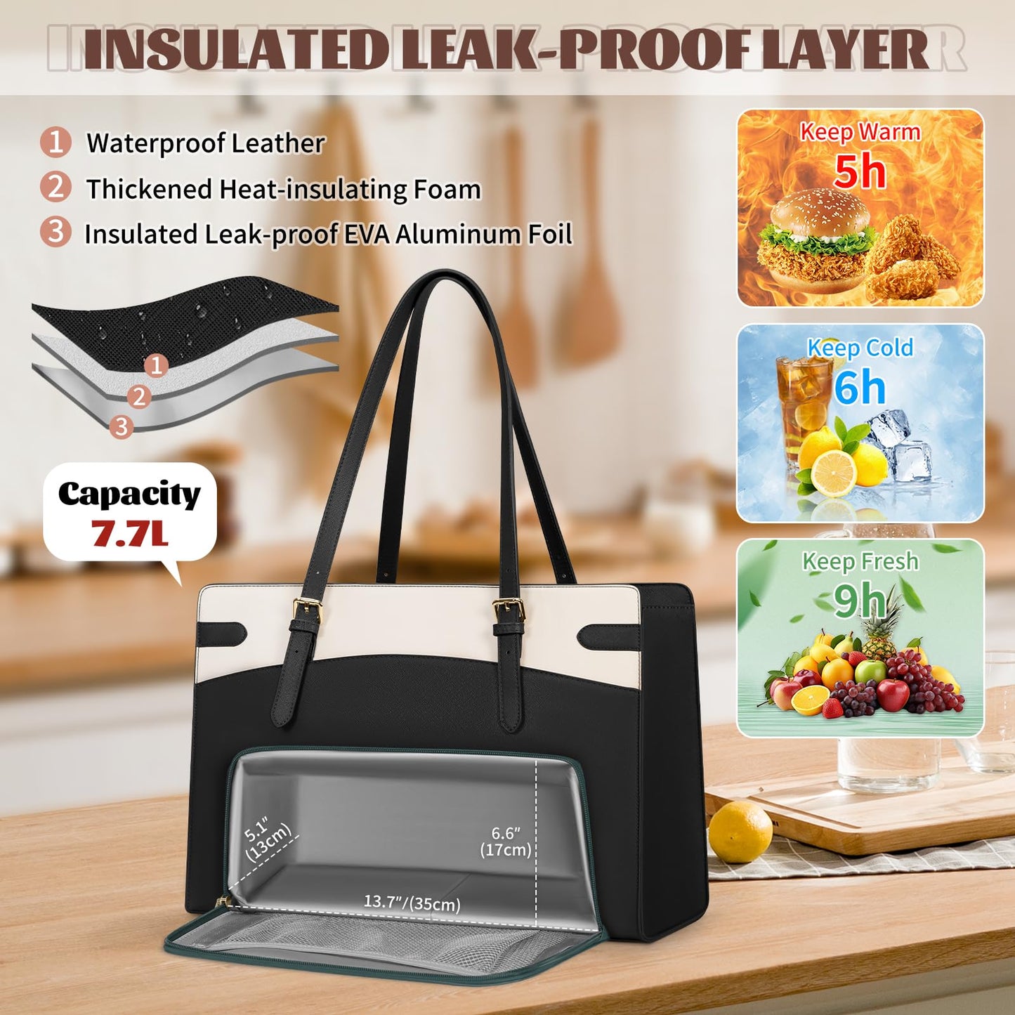 RAINSMORE Laptop Bags for Women with Lunch Compartment,Large Work Bag Women 15.6 inch Laptop Tote Bags for Women PU Leather Laptop Purse,Black