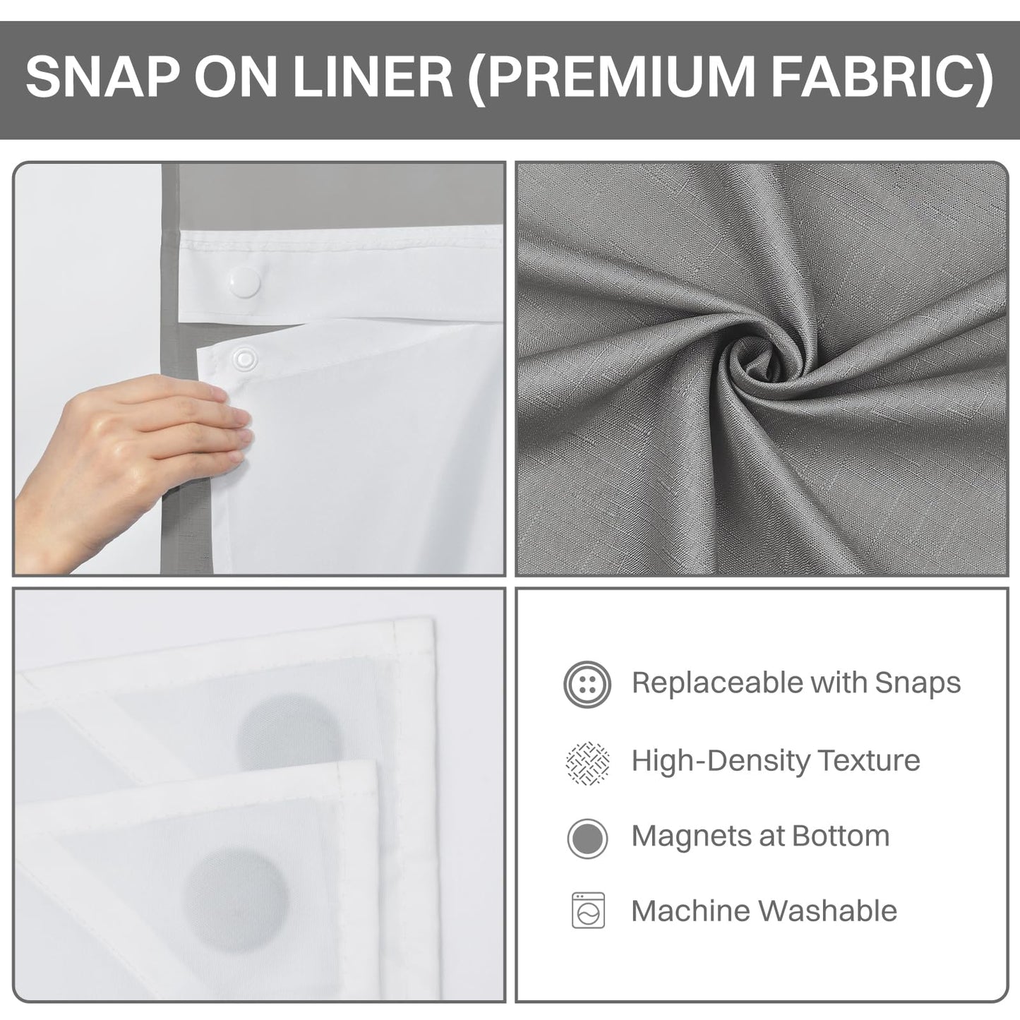 No Hook Slub Textured Shower Curtain with Snap in Liner - Fabric Outer Curtain & Waterproof Inner Liner, Hotel Style with See Through Top Window, Grey, 71" W x 74" L