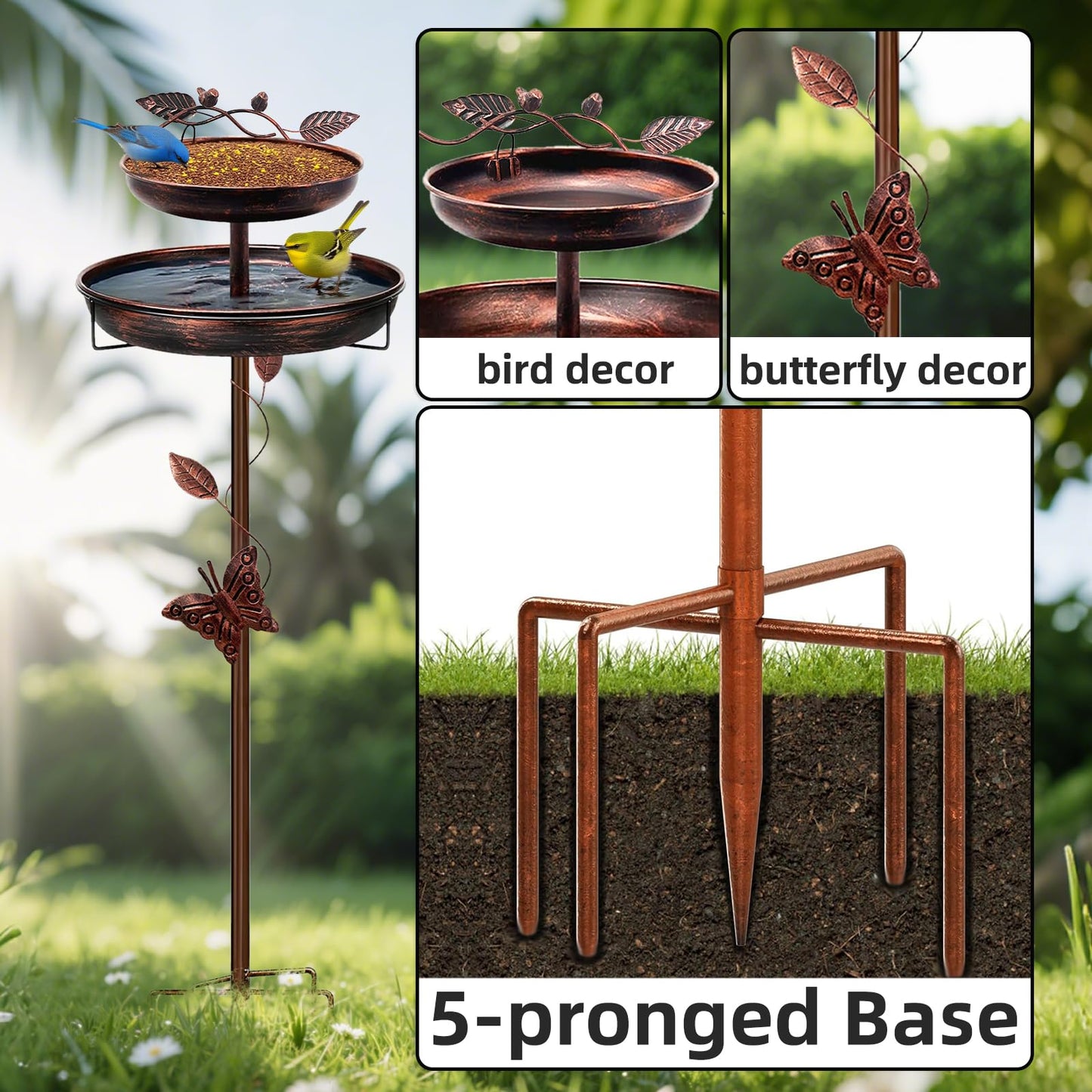 emopaw Outdoor Bird Bath with Metal Base, 41 inch Height, Freestanding Garden Decor, Large Capacity Bowl, 5-Prong Stake (41inch, 2-Tier, Butterfly)