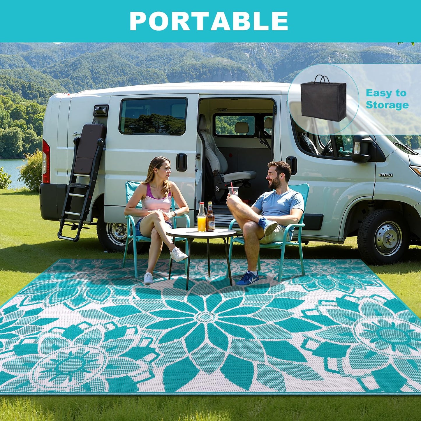LOKHOM Outdoor Rug for Patio 5x8 ft Reversible Plastic Straw Patio Camping Rug, Floral Waterproof RV Mat for Camper Indoor Outdoor Carpet for Deck Porch Picnic Beach Balcony Backyard, Teal & White