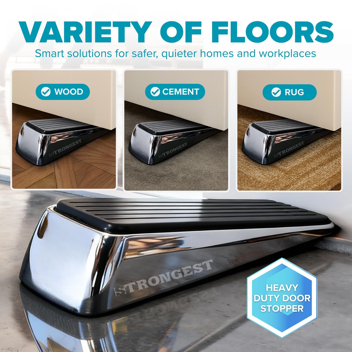 Strongest Home Heavy Duty Door Stopper Wedge (4 Chrome PCs) | Non-Slip Rubber and Metal Door Stop for Heavy Doors| Work on Wood, Tile, Carpet + 4 White Wall Protectors