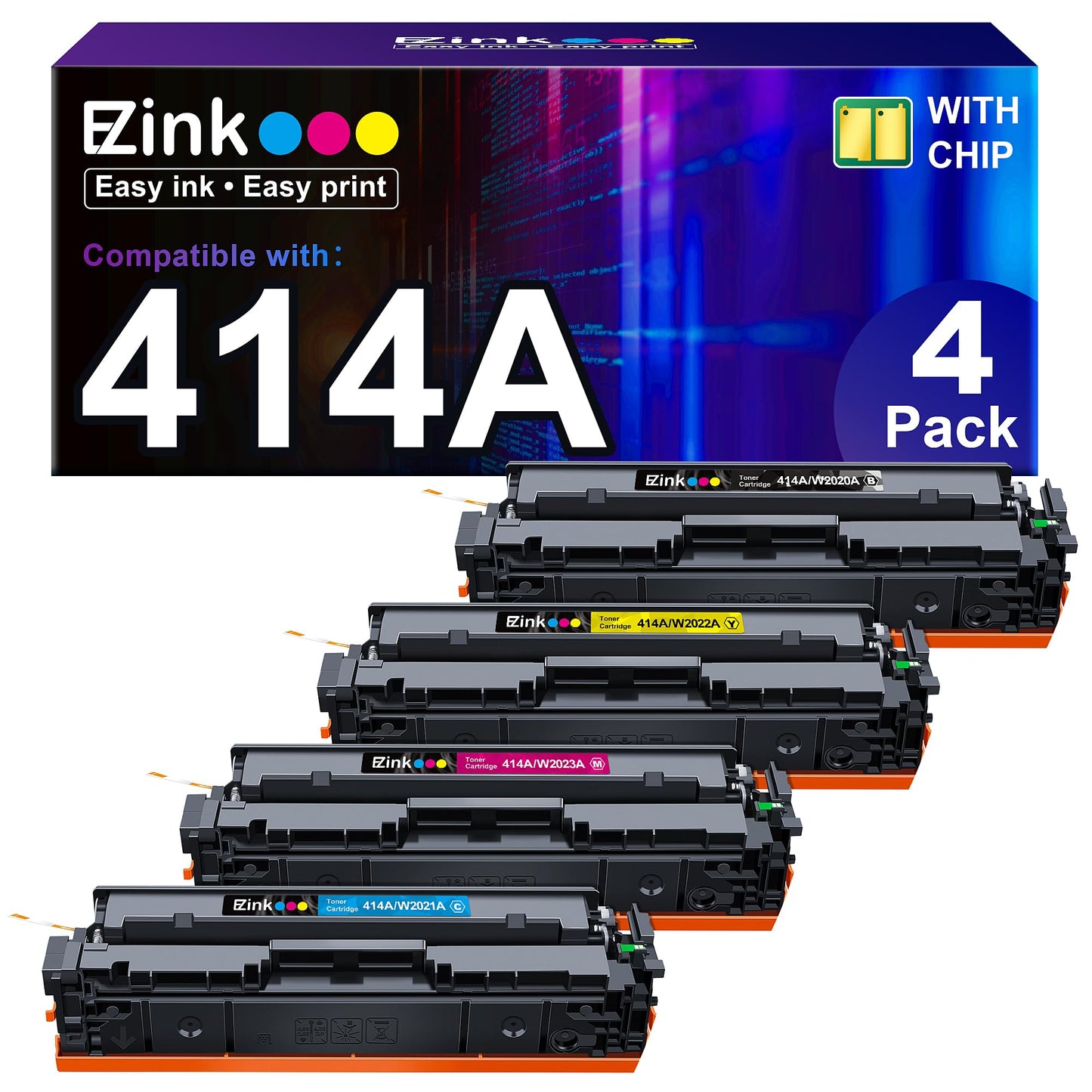 (Newest Chip) 414A Toner Cartridges (W2022A) 4 Pack Compatible Replacement for HP 414A 414X M479fdn M454dn W2020A for HP Color Laserjet Pro MFP M479fdw M454dw Printer High Capacity (BK/C/M/Y)