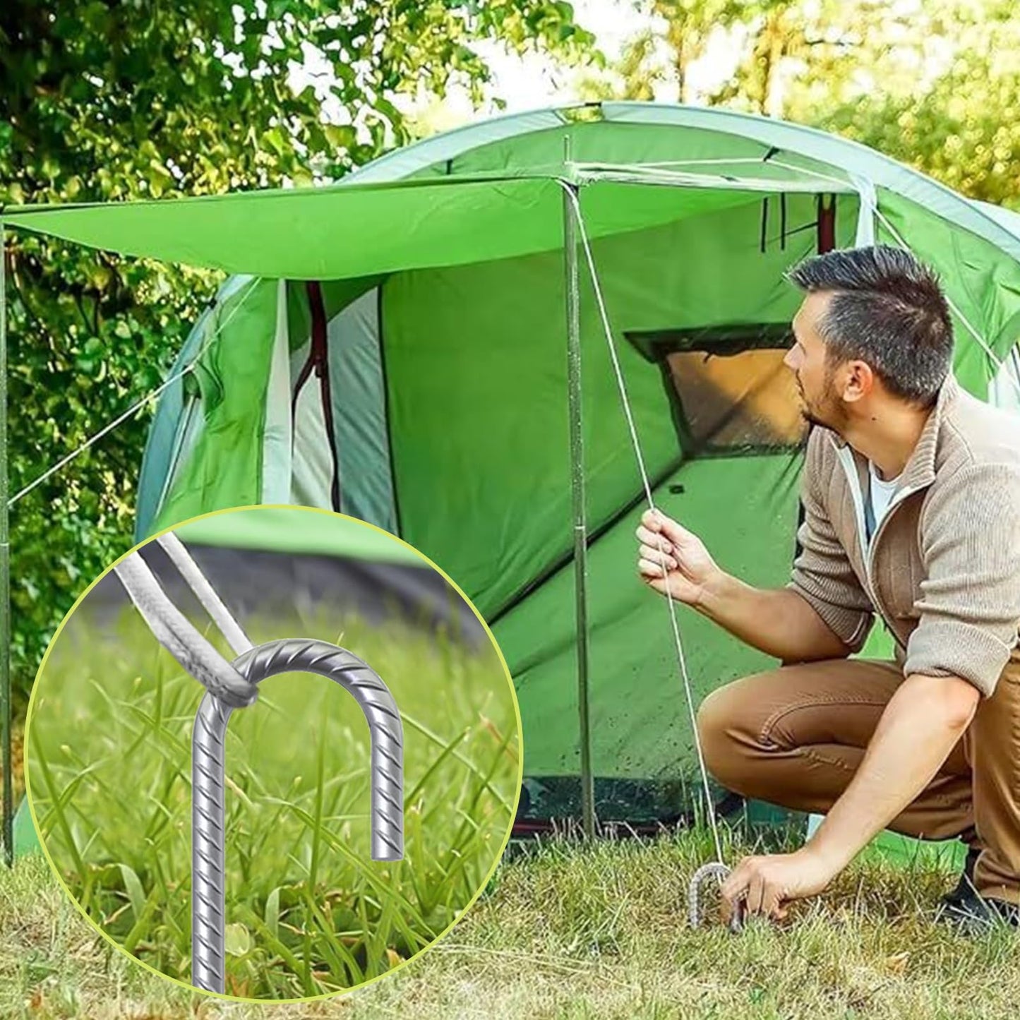 AAGUT 16" Rebar Tent Stakes Heavy Duty J Hook Ground Anchors Galvanized Steel Metal Garden Stake Yard Landscape Spikes 8 Pack for Dog Dig Defence, Chain Link Fence, Canopy