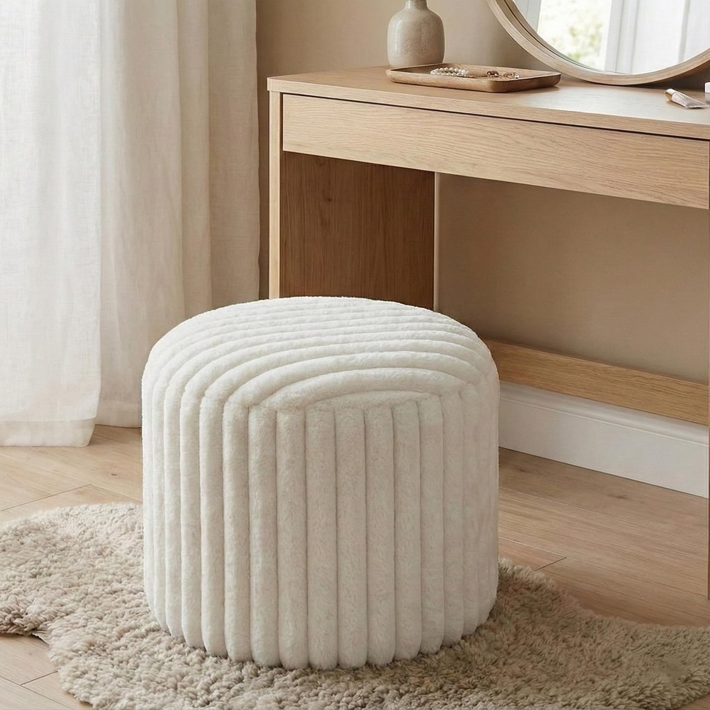 DAWNYIELD Round Stuffed Pouf Ottoman Stripe Faux Fur Footrest Stool, Solid Block Support+Soft Cushion Comfort, Removable Washable Cover, 20" Floor Pouf for Living Room Bedroom Dorm Vanity, Cream Beige