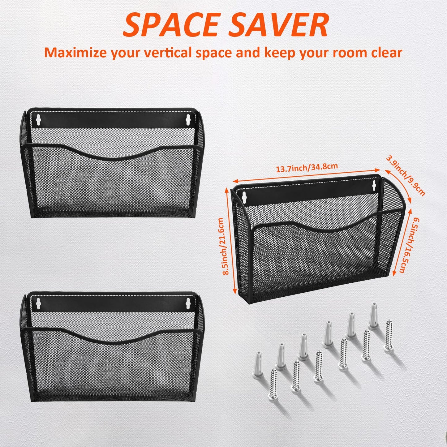 Wall Mount File Holder (3 Pack), AGPtek Wall File Holder, Hanging Wall File Organizer, Pocket Mesh Metal File Holder Organizer for papers, files and Home (Black)