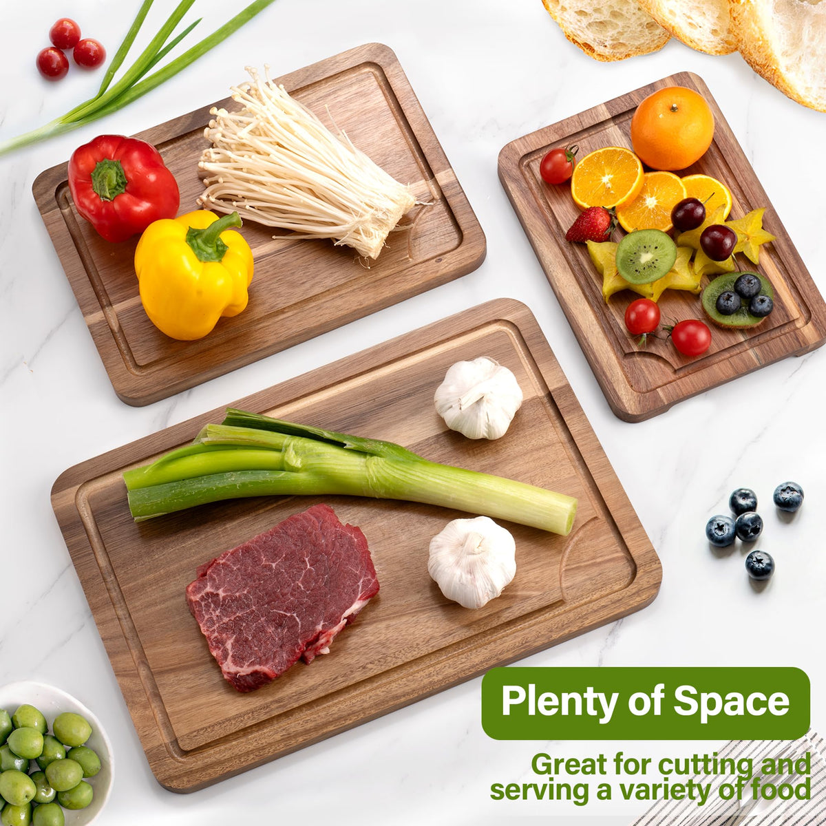 Wooden Cutting Boards for Kitchen, Wood Cutting Board Set with Juice Groove, Chopping Boards Set of 3（Small, Meduim & Large Charcuterie & Chopping Butcher Block for Meat