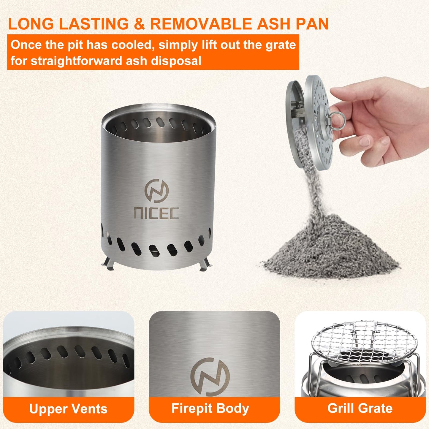 Nice C Fire Pits, 5.5 Inch Smokeless Fire Pits, Portable Fire Pit, Outdoor Fire Pit, Tabletop Fire Pit, Wood Buring Fireplaces, Stainless Steel, with Grill Grate, Removable Ash Tray & Carry Bag