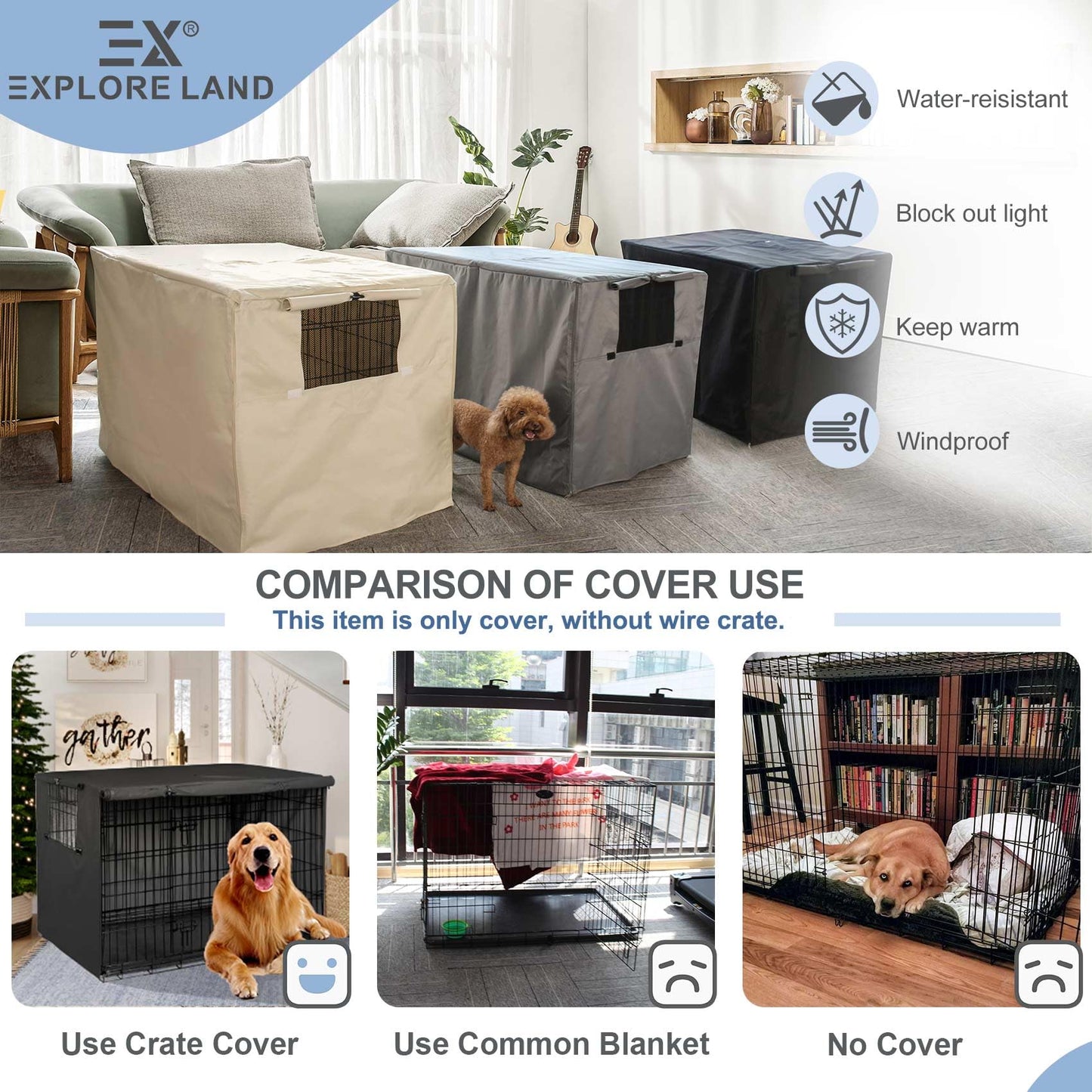 Explore Land 48 inches Dog Crate Cover - Durable Polyester Pet Kennel Cover Universal Fit for Wire Dog Crate (Black)