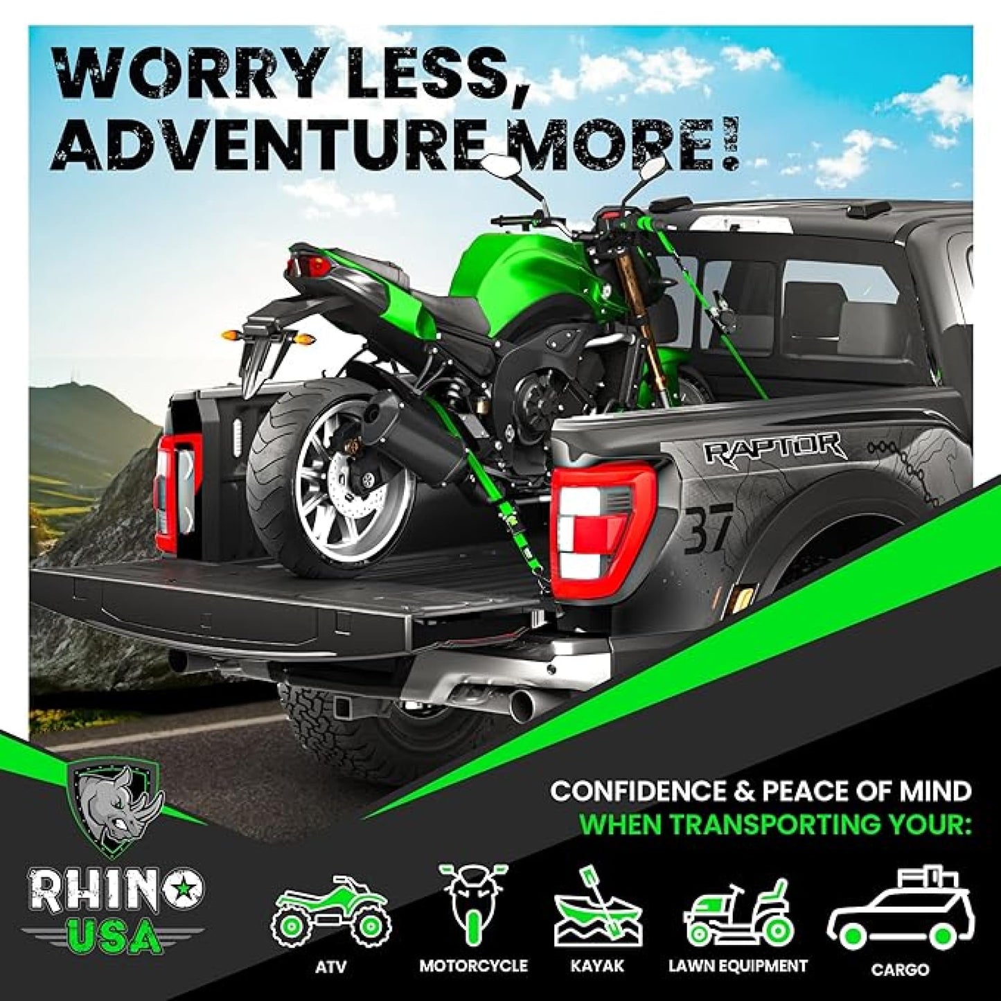 Rhino USA Retractable Ratchet Straps (2-Pack) - 1 Inch x 10 Feet (1,209lb Break Strength) - Auto Self Retracting Tie Down Straps for Truck, Cargo Trailer, Motorcycle, Rad & More - Green