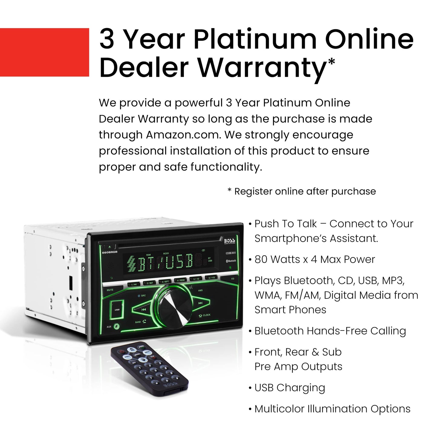 BOSS Audio Systems Elite 660BRGB Car Stereo - Double Din, Bluetooth Audio and Calling, MP3 Player, CD, USB Port, AUX Input, AM FM Radio Receiver, Multi Color Illumination