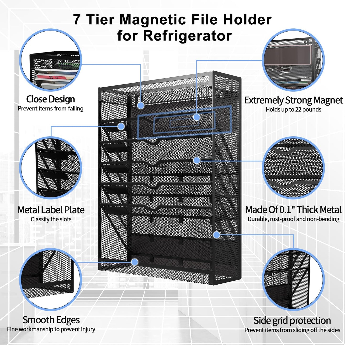 LQPAFZ 7-Tier Magnetic File Holder, No Drilling Wall File Organizer, Hanging File Organizer, Vertical Holder Rack for File Cabinets, Whiteboard, Refrigerator
