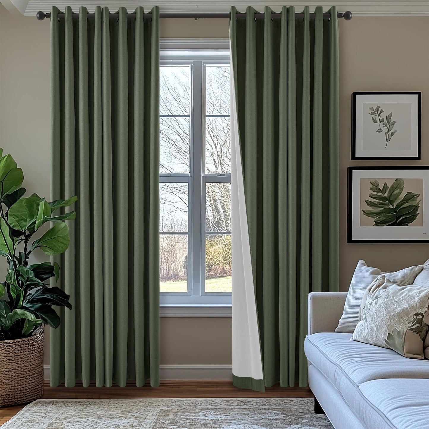 Olive Green Blackout Curtains Linen Textured for Bedroom Black Out Linen Curtains 84 Inches Long Full Light Blocking Thermal Insulated Drapes Panels Energy Saving with White Liner 52x84 Inch 2 Panels