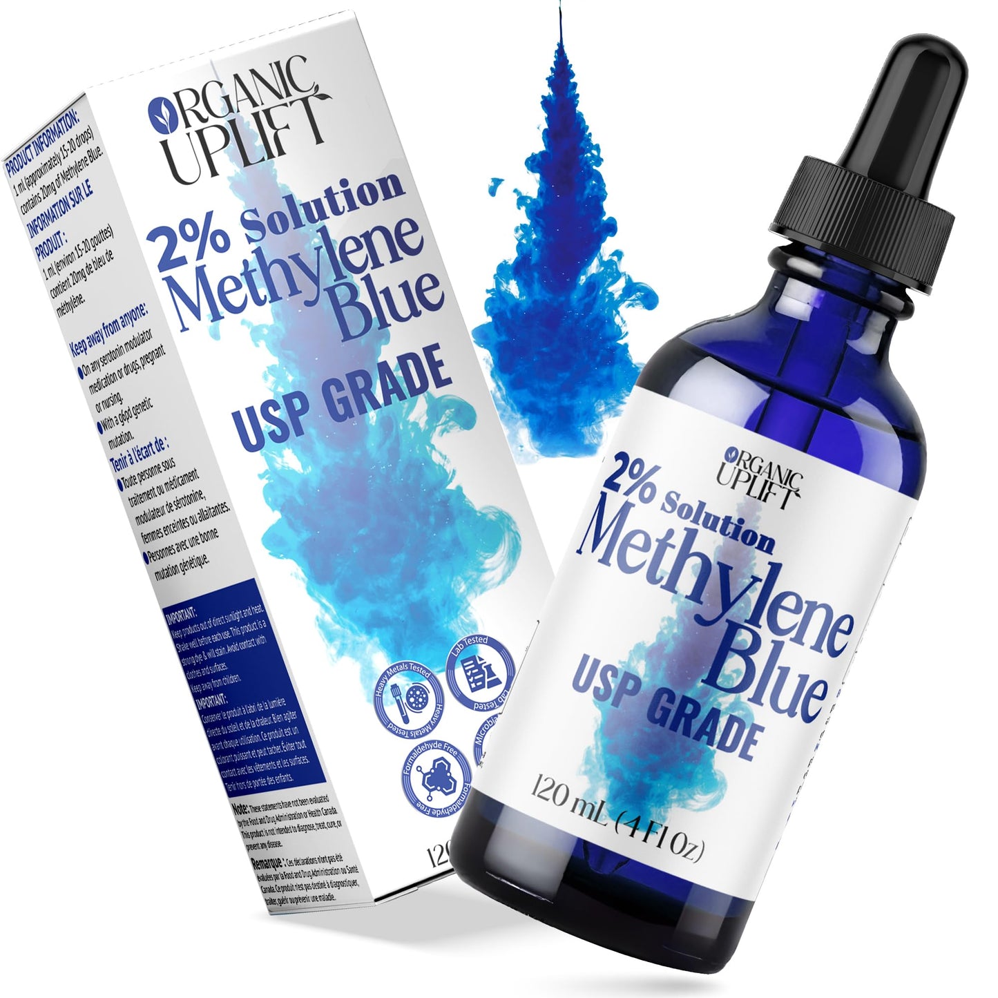 2% High Concentrate Methylene Blue 120ml Solution - Ultra High Purity, 2% Aqueous USP Grade Solution, Formaldehyde Free, Amber Glass Bottle with Graduated Dropper, Includes Certificate.