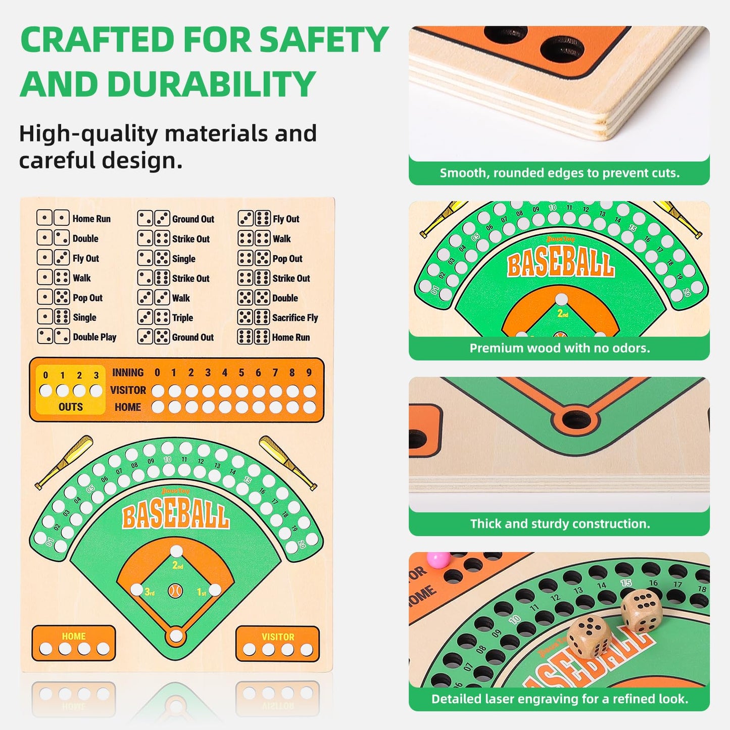 Jioustoy - Baseball Board Game, Wooden Dice Game with Marbles, Baseball Travel Game and Indoor Board Game for Camping, Family Gatherings, Baseball Gift for Teens and