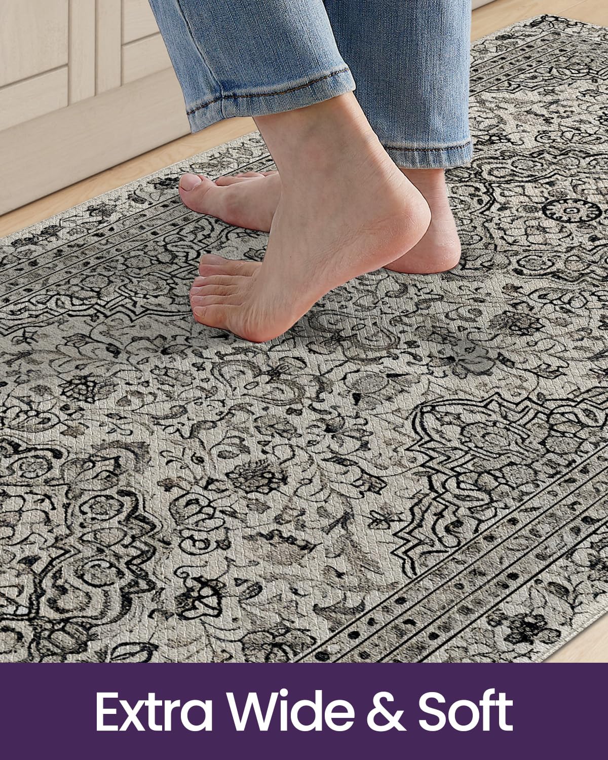 DEXI Kitchen Mats for Floor Anti Fatigue, 23x86 Long Runner Rug with Non Slip Back, Cushioned Foam Waterproof Standing Desk Boho Floral Home Decor, Grey