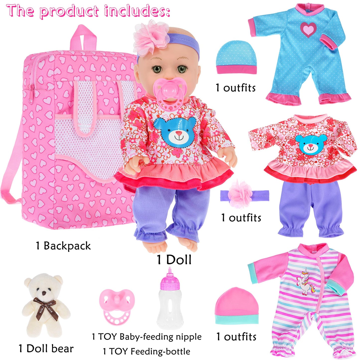 ebuddy 12 inch Baby Doll and Accessories-Reborn Baby Dolls Real Life Dolls with 3 Sets Clothes,Backpack,Pacifier, Bottle(One Doll)