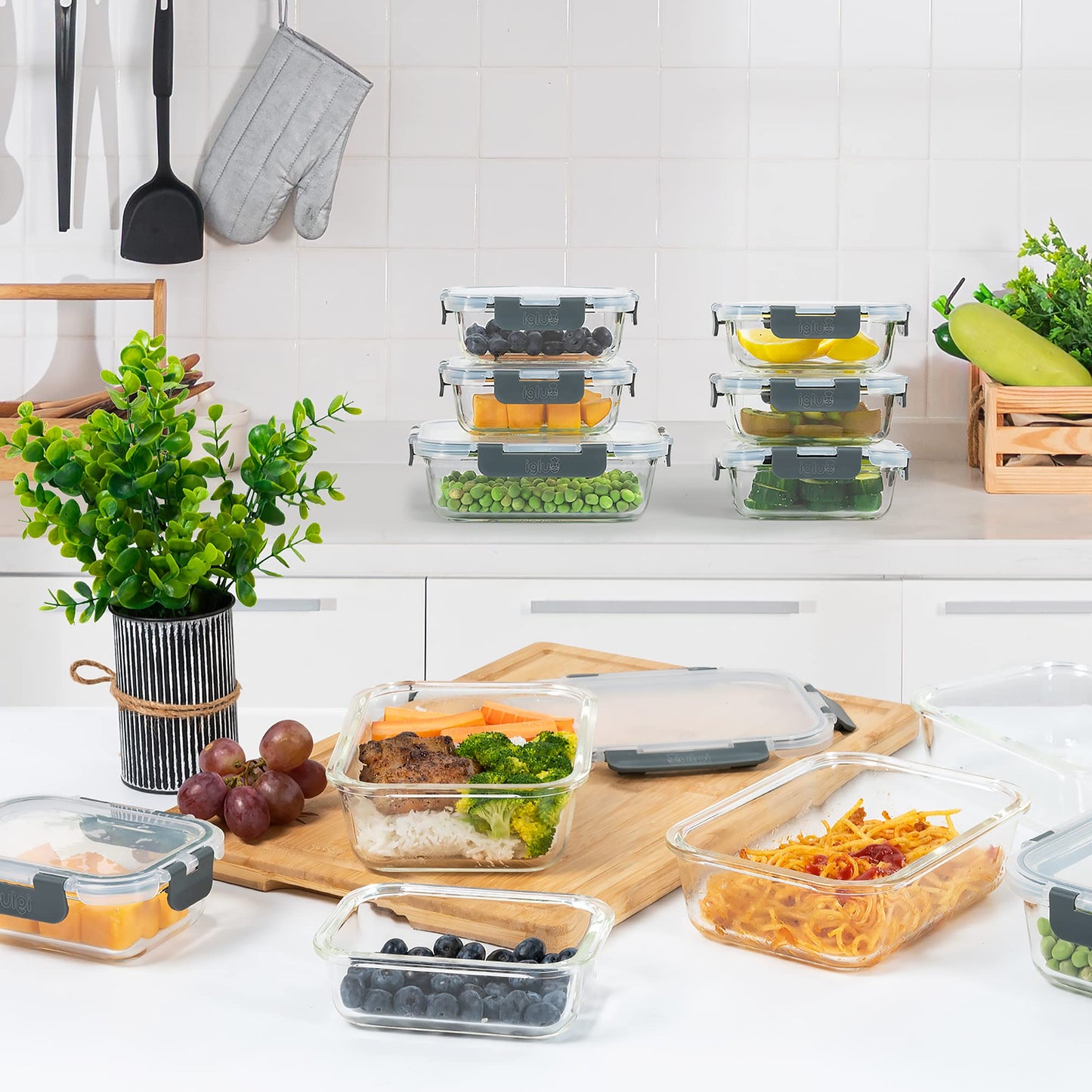 Igluu Meal Prep Glass Food Storage Containers 10 Pack, Meal Prep Containers with Snap Lock Leakproof Lids, Reusable Microwave safe BPA-free Lunch Boxes (10 Containers & 10 Lids) 35.5oz & 12.5oz