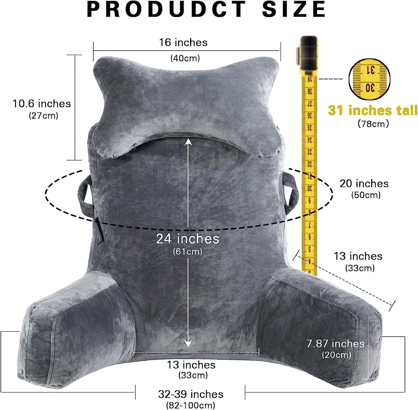 Reading Pillow-Extra Large 31" Bed Rest Pillow with Detachable Neck Roll & Arms for Sitting in Bed or Couch-Backrest Reading Pillow Adult Back Pillows for Reading/Watching TV/Gaming, Dark Grey