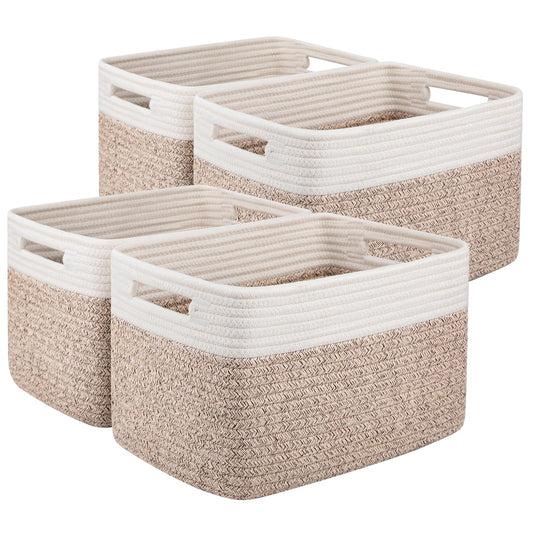 OIAHOMY 4 pack storage baskets with handle， baskets for organising, woven baskets for toys, towels, books, storage baskets for shelves, 13‘’Lx9‘’Wx7.8‘’H, Brown & White