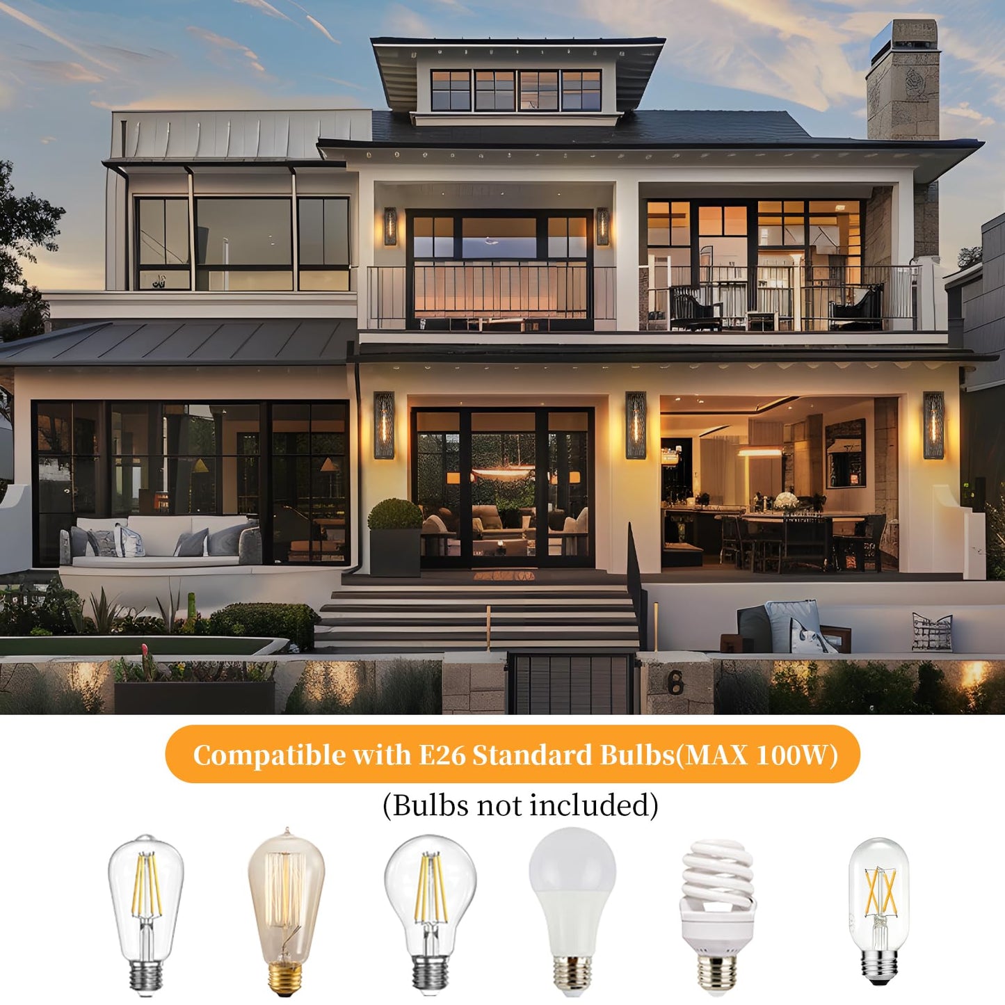 2 Packs 16'' Outdoor Wall Lights Exterior Lighting Fixtures, Modern Black Porch Light for House, Waterproof Outside Lights Wall Sconce Lanterns with Water Ripple Glass for Front Door, Patio, Garage