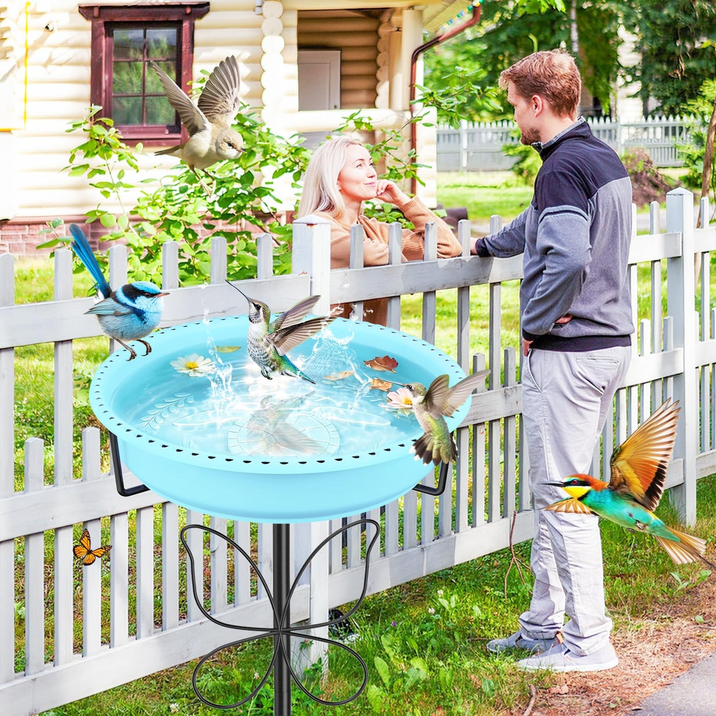 YOADEHOA 37In Bird Bath for Outside, 2-in-1 Birdbath & Birdfeeder with Detachable Plastic Bowl, Metal Butterfly Stake & Sturdy 5-Pronged Base for Outdoor Garden Yard Decor (Blue)