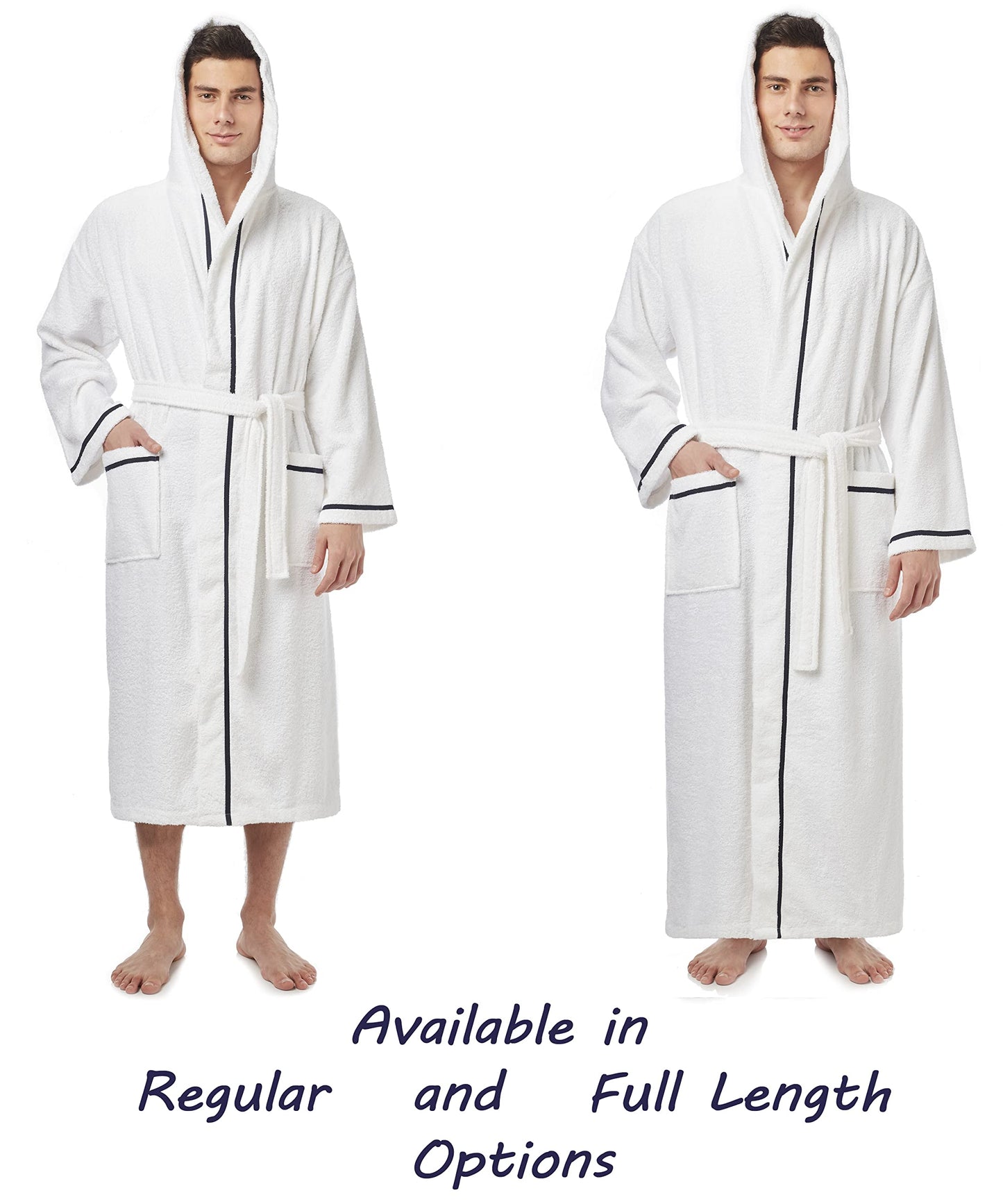 Arus Men's Hooded Classic Bathrobe Turkish Cotton Robe with Full Length Options, White With Navy Blue Border, Large-X-Large Extra Tall