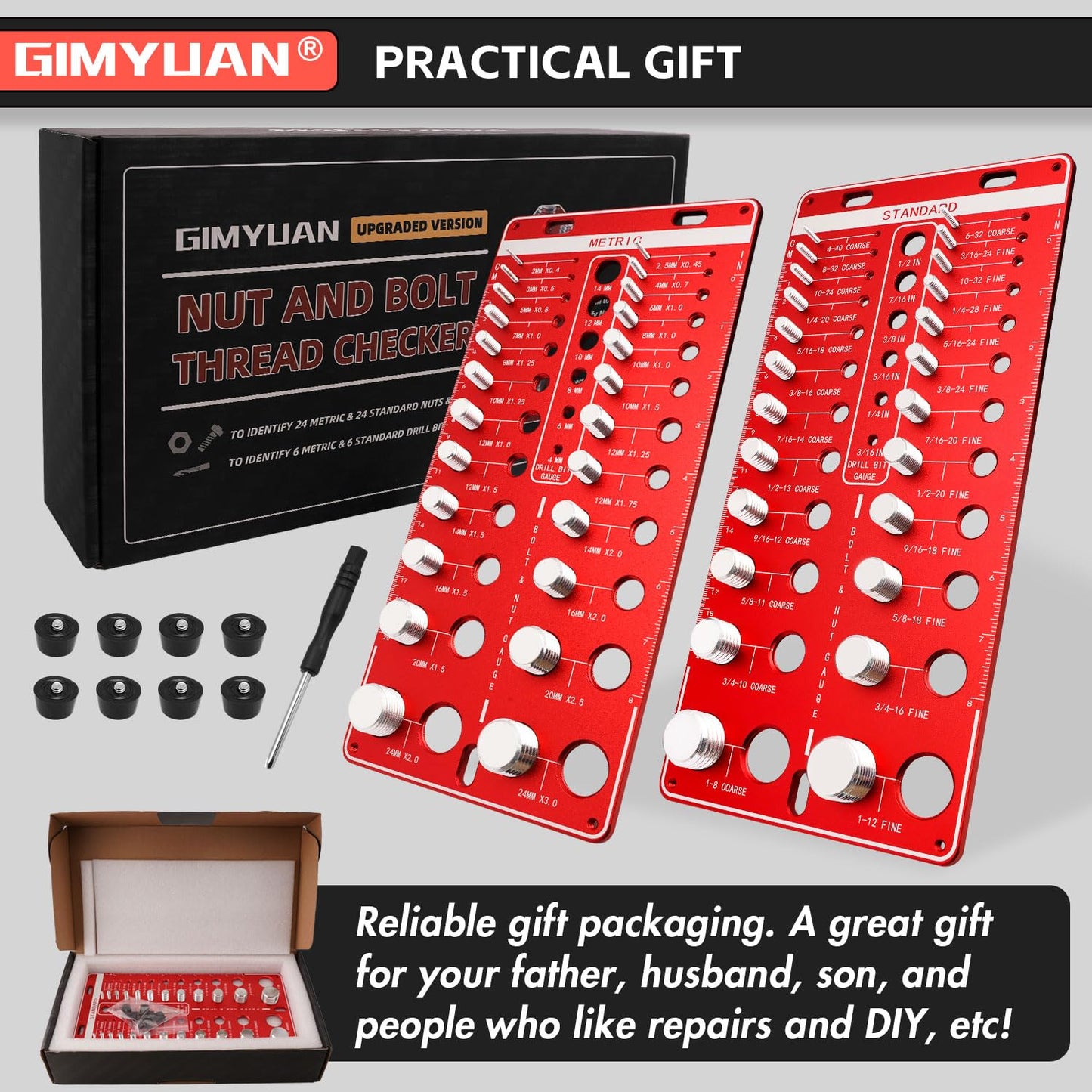 GIMYUAN 48 Thread Checker - 24 Standard & 24 Metric Nut and Bolt Thread Checker with 12 Drill Bit Gauge, Wall Mount Bolt Size Thread Identifier Board