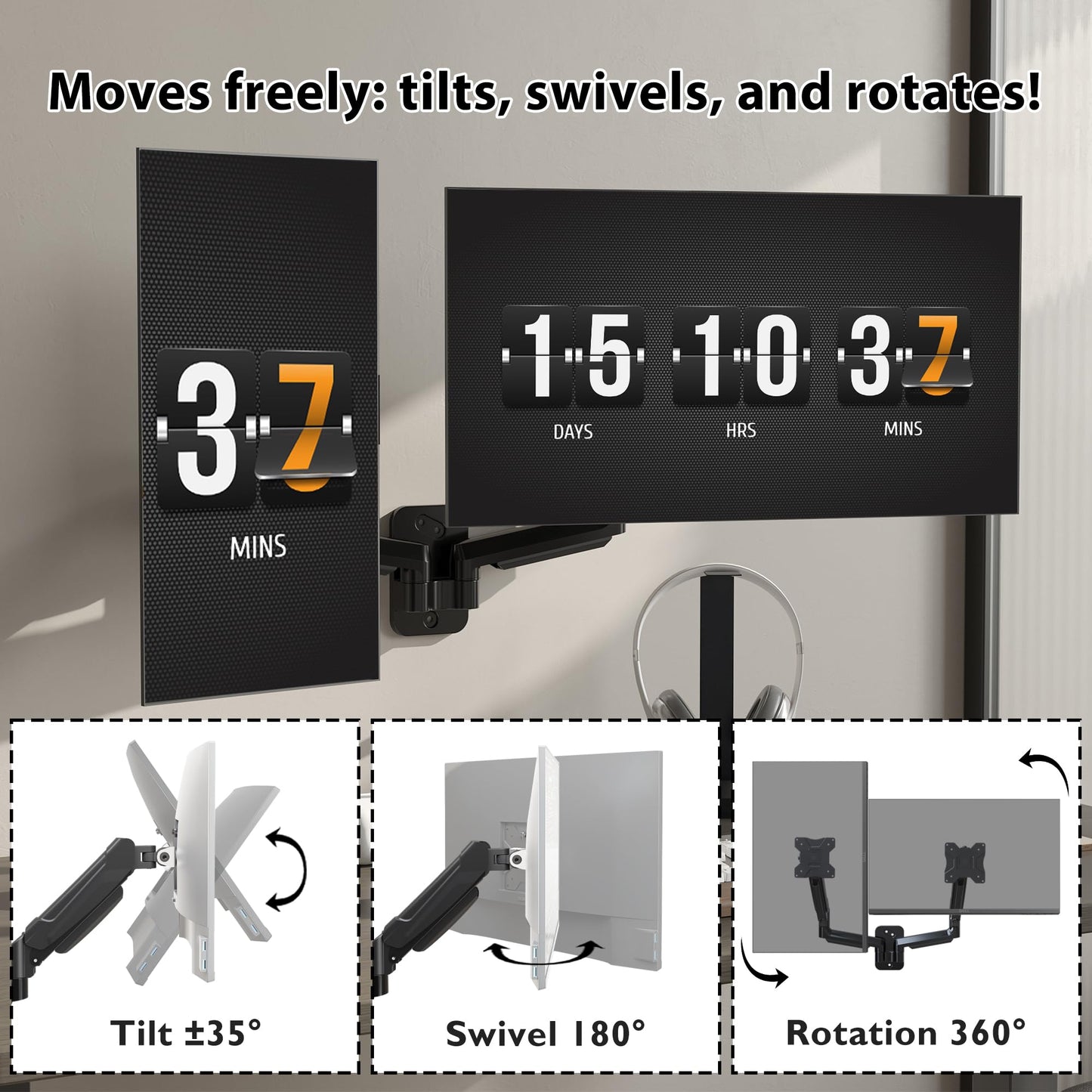 BONTEC Monitor Wall Mount Bracket for 13-32 Inch Screens, Fully Adjustable Gas Spring Monitor Arm, Height Adjustable, Tilt Swivel & Rotate, Holds up to 9 KG, VESA 75x75, 100x100 mm