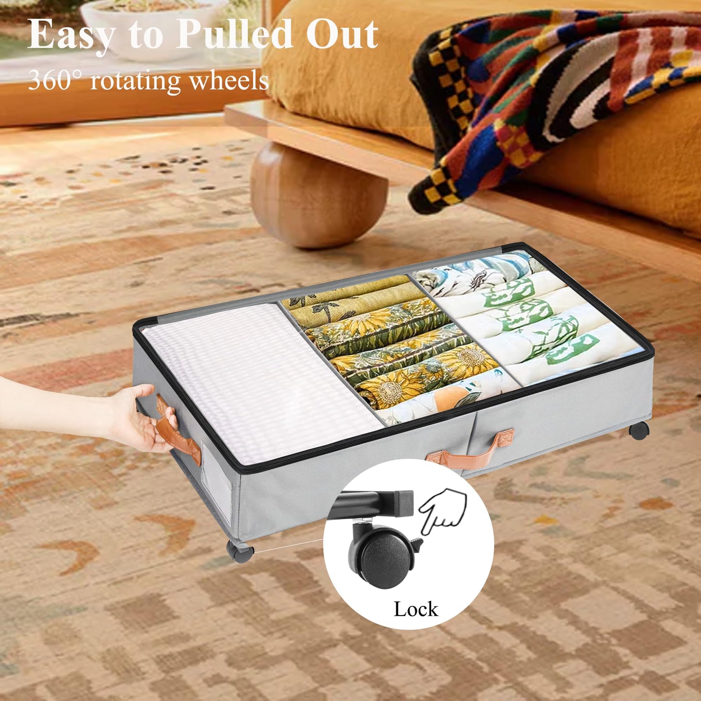 Butly Under Bed Storage with Wheels, 2 Pack Closet Organizers Container Clear Top and Reinforced Handle Rolling, Underbed Storage Bags for Clothes, Comforter, Blanket, Pillows, Toys, Shoes
