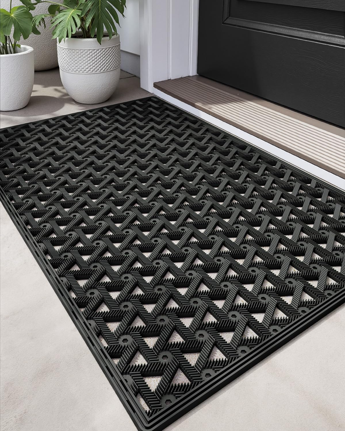 DEXI Rubber Front Door Mat Outside Entrance 24x36, Non Slip Dirt Trapper Drainage Holes Doormat, Heavy Duty Entryway Rug Waterproof All Weather Floor Mat for Welcome, Black