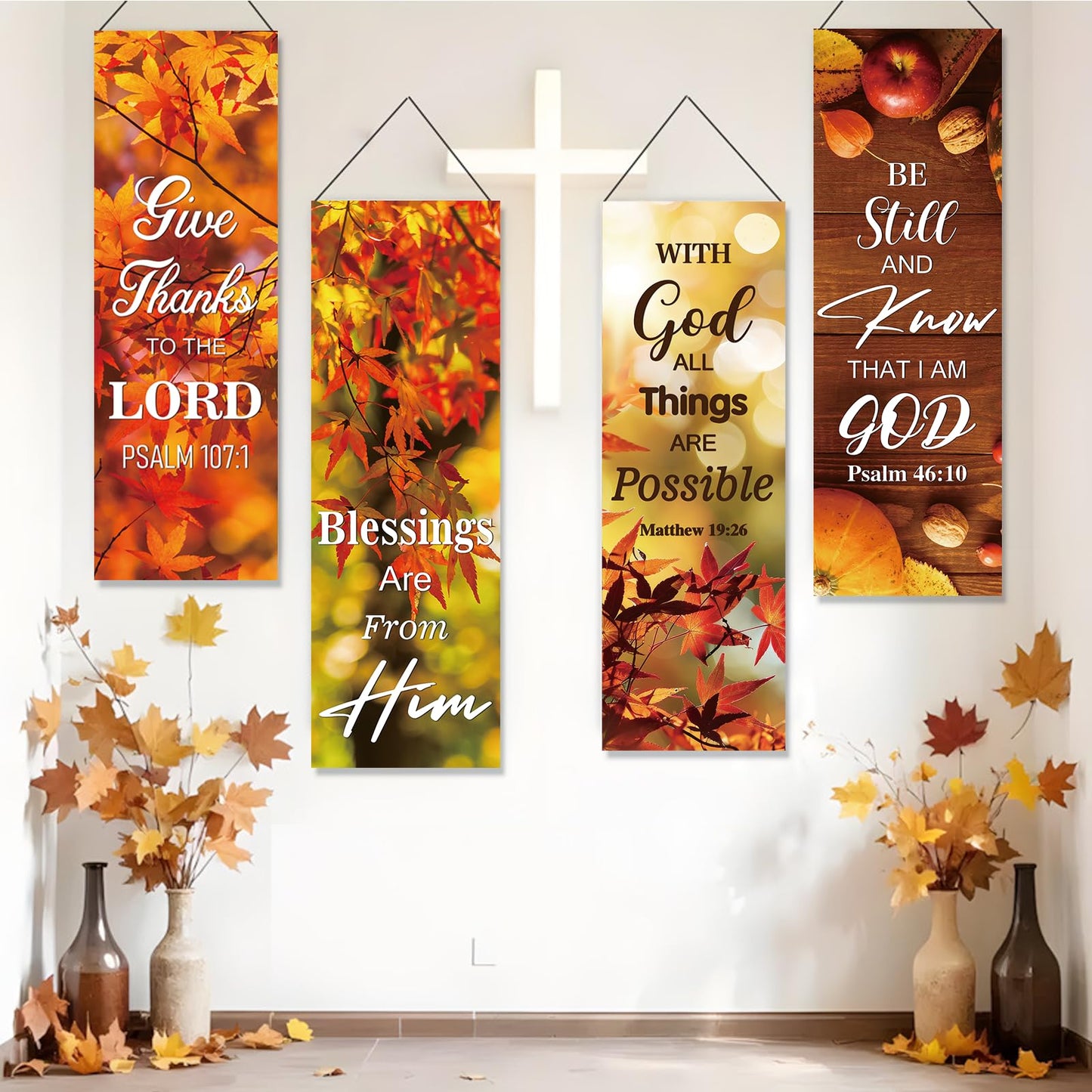 4 Pcs Fall Harvest Church Banners with Bible Verse Backdrop, Religious Praise Hanging Signs, for Church Decorations Sanctuary Wall Fall Harvest Banners