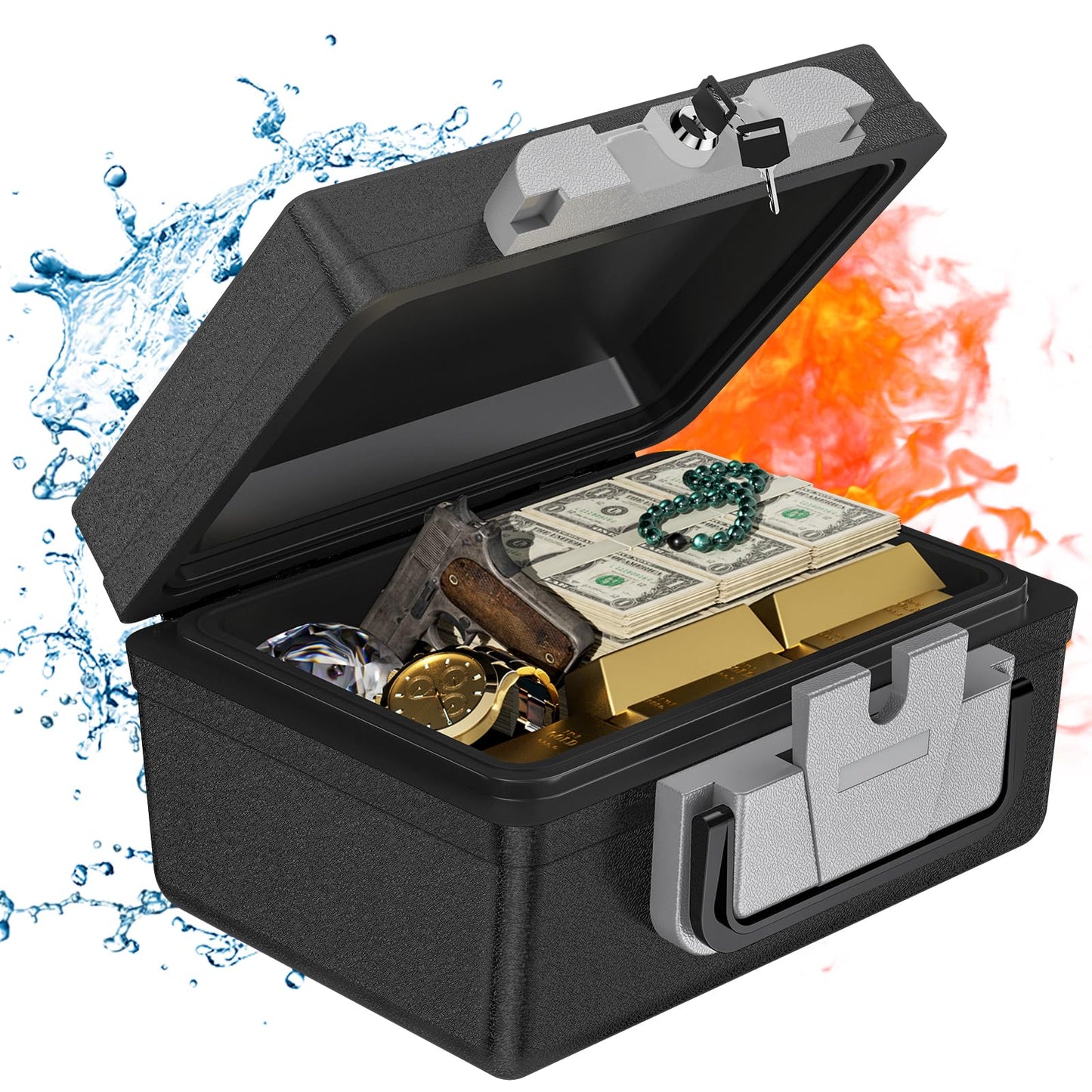 WASJOYE Portable Large Capacity Safe Box, Fireproof Waterproof Safe with Key Lock & Carry Handle, Cash, Medicine, Passport, Jewelry Storage, Security Lock box for Home Travel Hotel, 0.5 Cubic Feet