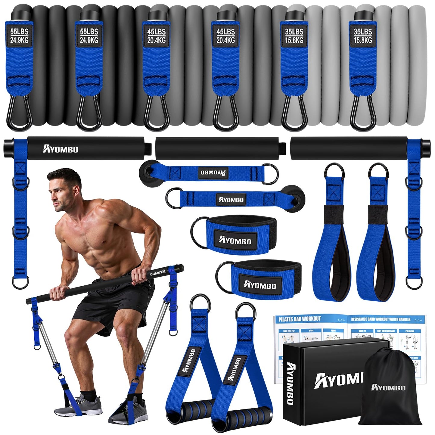 Ayombo Pilates Equipment, Heavy Duty Pilates Bar Kit with Resistance Bands, 270lbs Adjustable Portable Gym Home Workout Equipment for Men, for Legs, Waist, Arm, Abs, Chest Muscle Strength Training