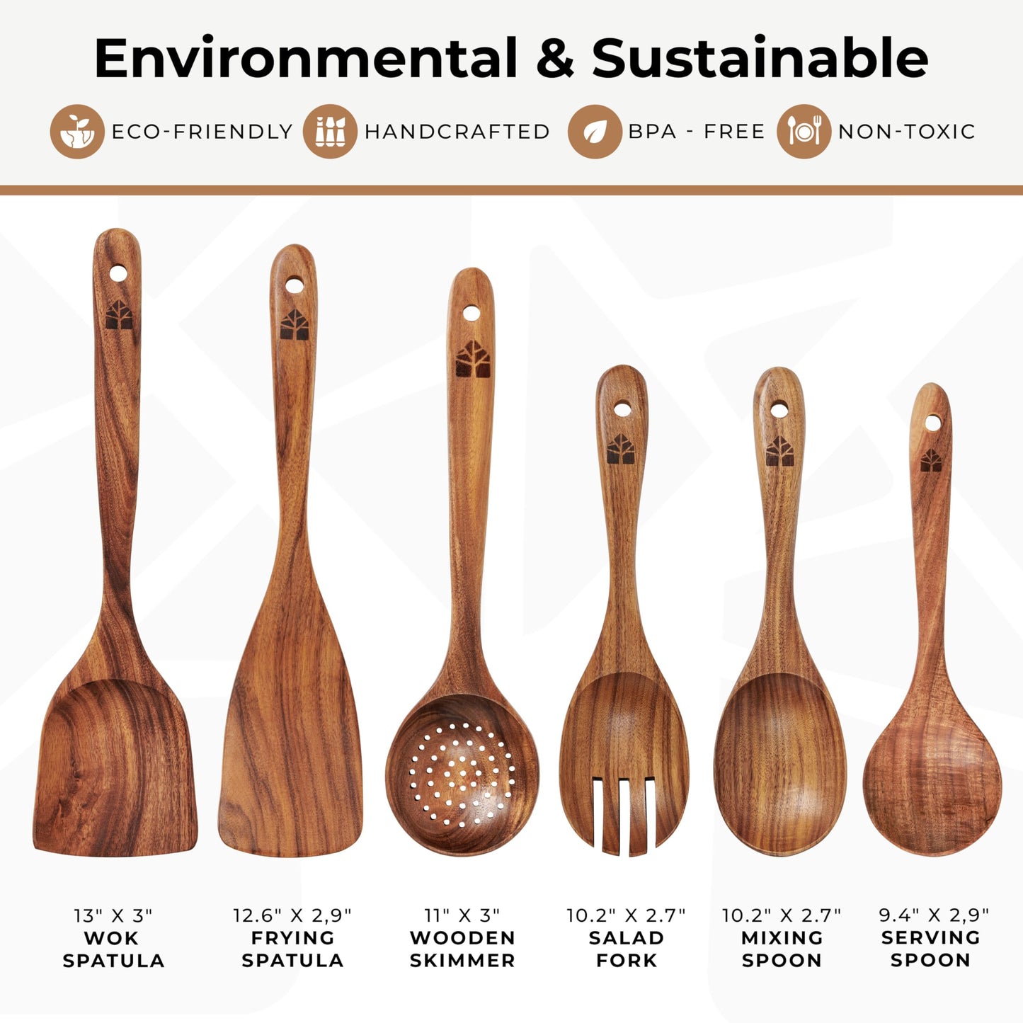 Wooden Spoons for Cooking – Wooden Kitchen Utensils Set, 6 Pcs Teak Wood Utensil Set – Comfortable Grip Non–Stick Wooden Cooking Utensils