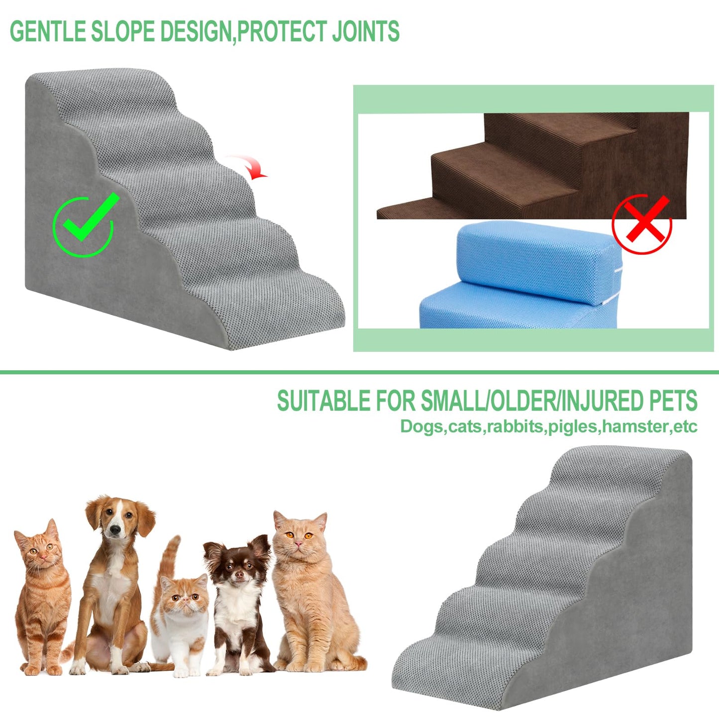 MOOACE 5 Steps Dog Stairs for Beds and Couches, Pet Stairs Rampwith High Density Expand Immediately Foam, Washable Cover and Pet Hair Remover Roller - Reduce Stress on Pet Joints/Easy to Walk