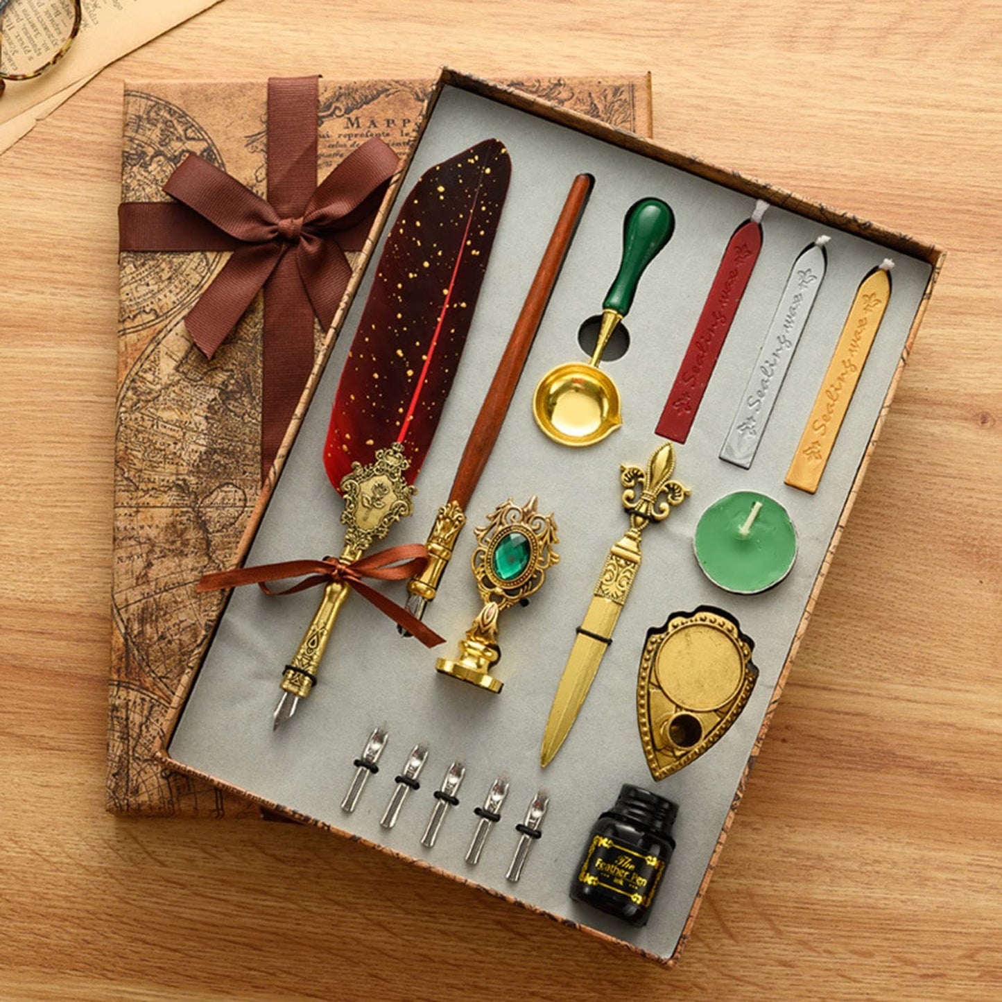 VolkRose Quill Pen and Ink Set, Calligraphy Feather Pen Set with Dip Pen, 5 Replaceable Nibs, Ink, Wax Seal Stamp, Wax Seal Stick, Tea Waxes, Envelope Opening Tool, Art Gift for Writing Drawing