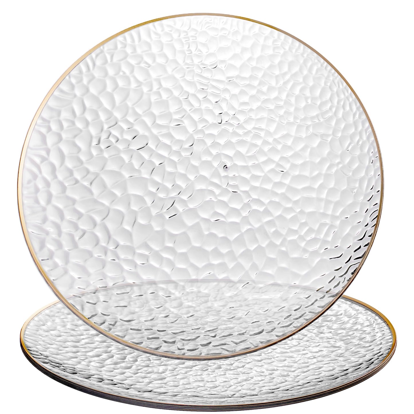 [Clear Hammered With Gold Rim 8 Pack] 13'' Charger Plates Clear Hammered With Gold Rim Plastic Heavy Duty Disposable Dinner Chargers Serveware Dishes Platters Tableware for parties, Weddings