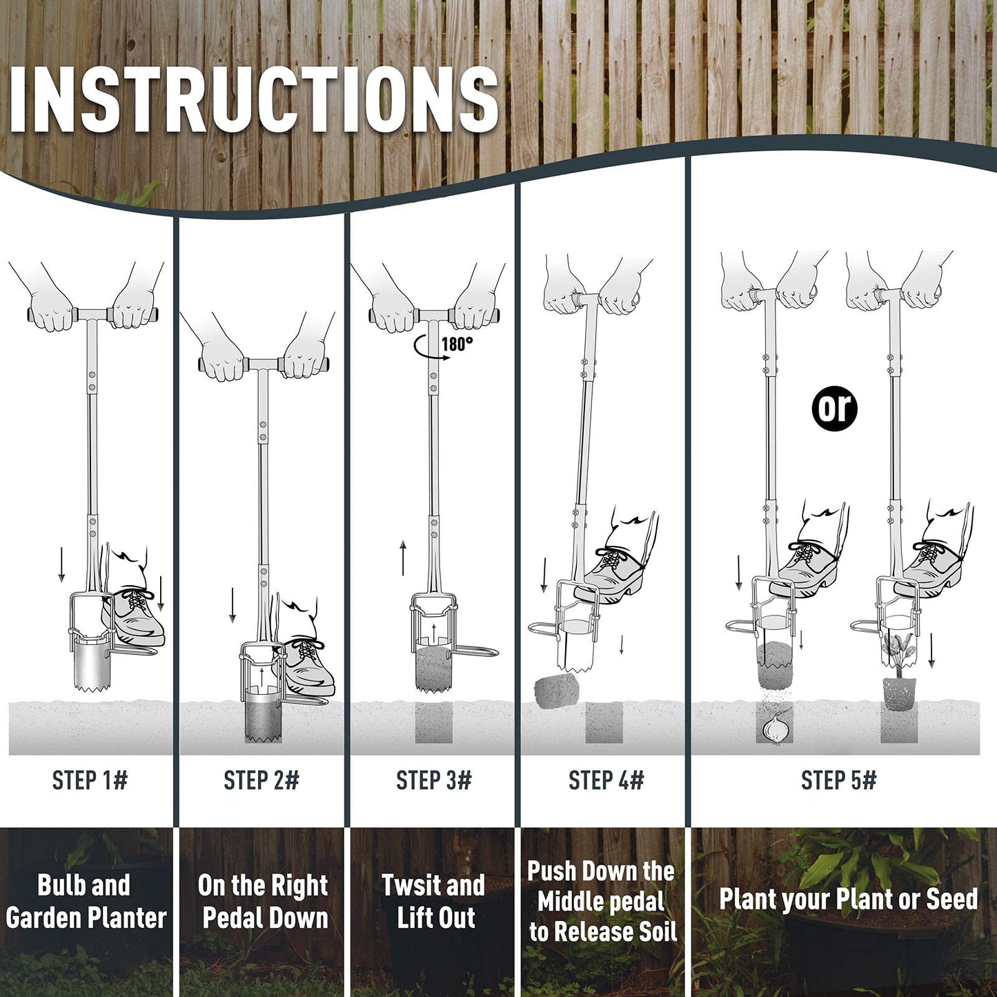 Aldorff Bulb Planter Tool, Sod Plugger with Long Handle Serrated Base, 5-in-1 Lawn Plug Garden Tool for Transplanting, Digging, Grass Plug, Soil Sampler, Planting for Tulips, Iris, Daffodils