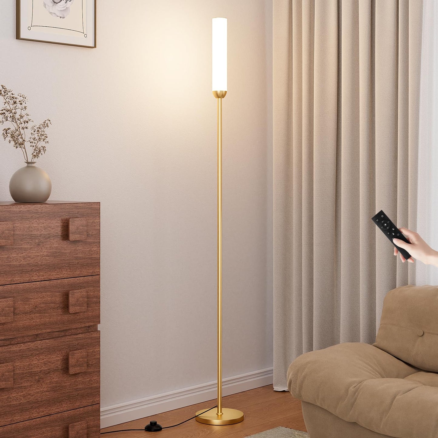 Ambimall 65'' Remote-Controlled LED Floor Lamp, 3000K-6500K Stepless Colors Temperature Adjustable, 5%-100% Dimmable Brightness, Foot Switch, Bright Floor Lamps for Living Room（Gold）