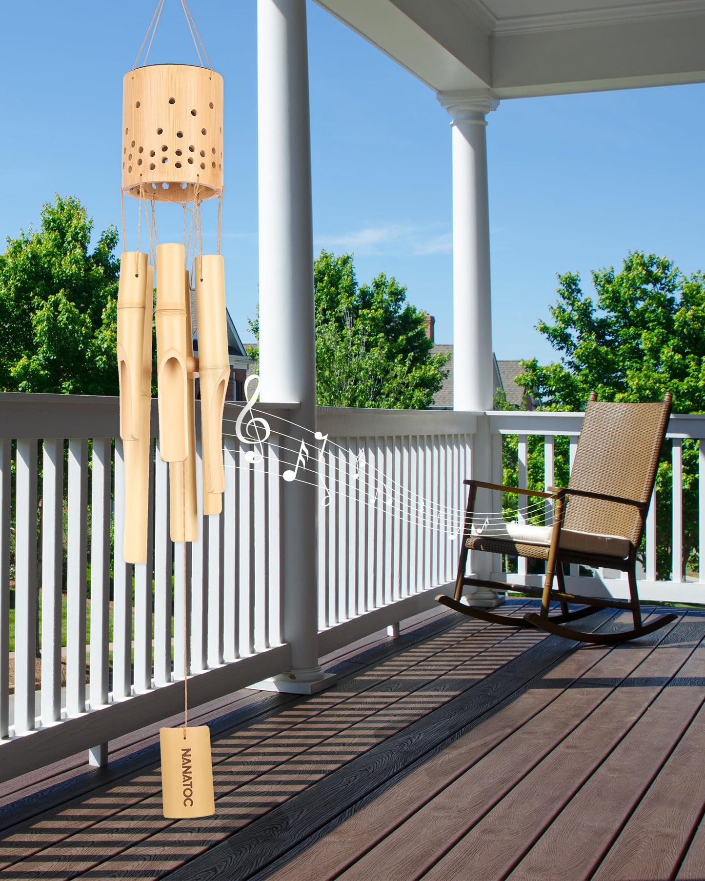 Bamboo Wind Chimes for Outside with Solar Accent Light, Outdoor Wooden Wind Chimes, 6 Bamboo Tubes, Deep Tone, Perfect for Patio, Garden, Porch, and Balcony Decor
