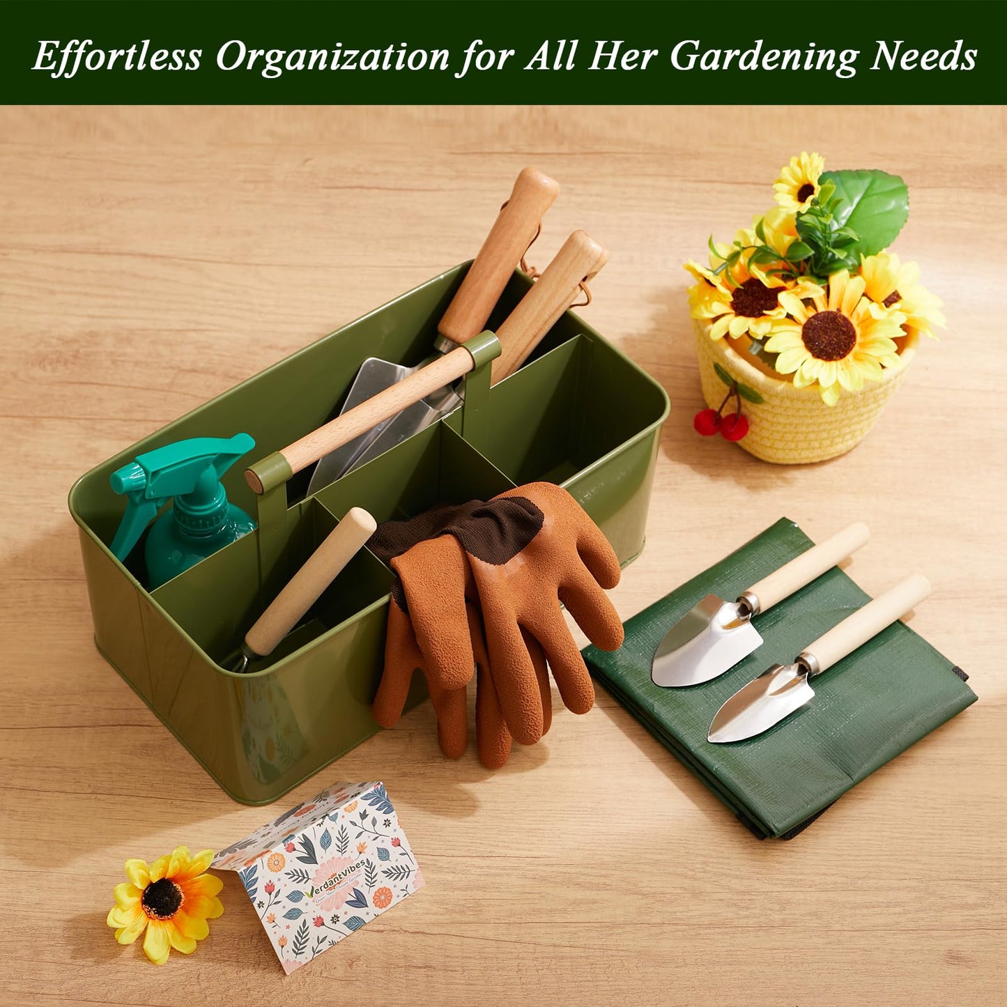 VerdantVibes Metal Garden Tool Caddy - Galvanized Organizer Basket with Wood Handle, Waterproof Repotting Mat & 3-Piece Mini Tools - Indoor Gardening Gift Set for Houseplant Lovers Women