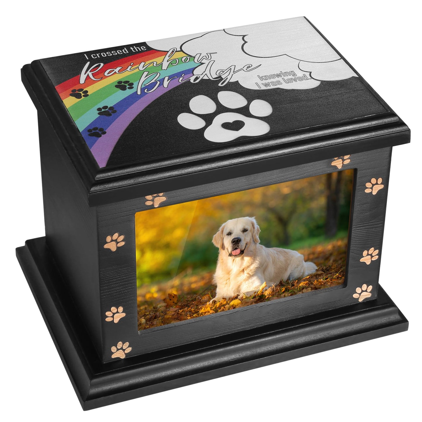 Pet Memorial Urn for Dogs or Cats Ashes - Large Wooden Funeral Keepsake With Photo Frame, Cremation Memory Box for Loss Pets, Casket Burial Ashes