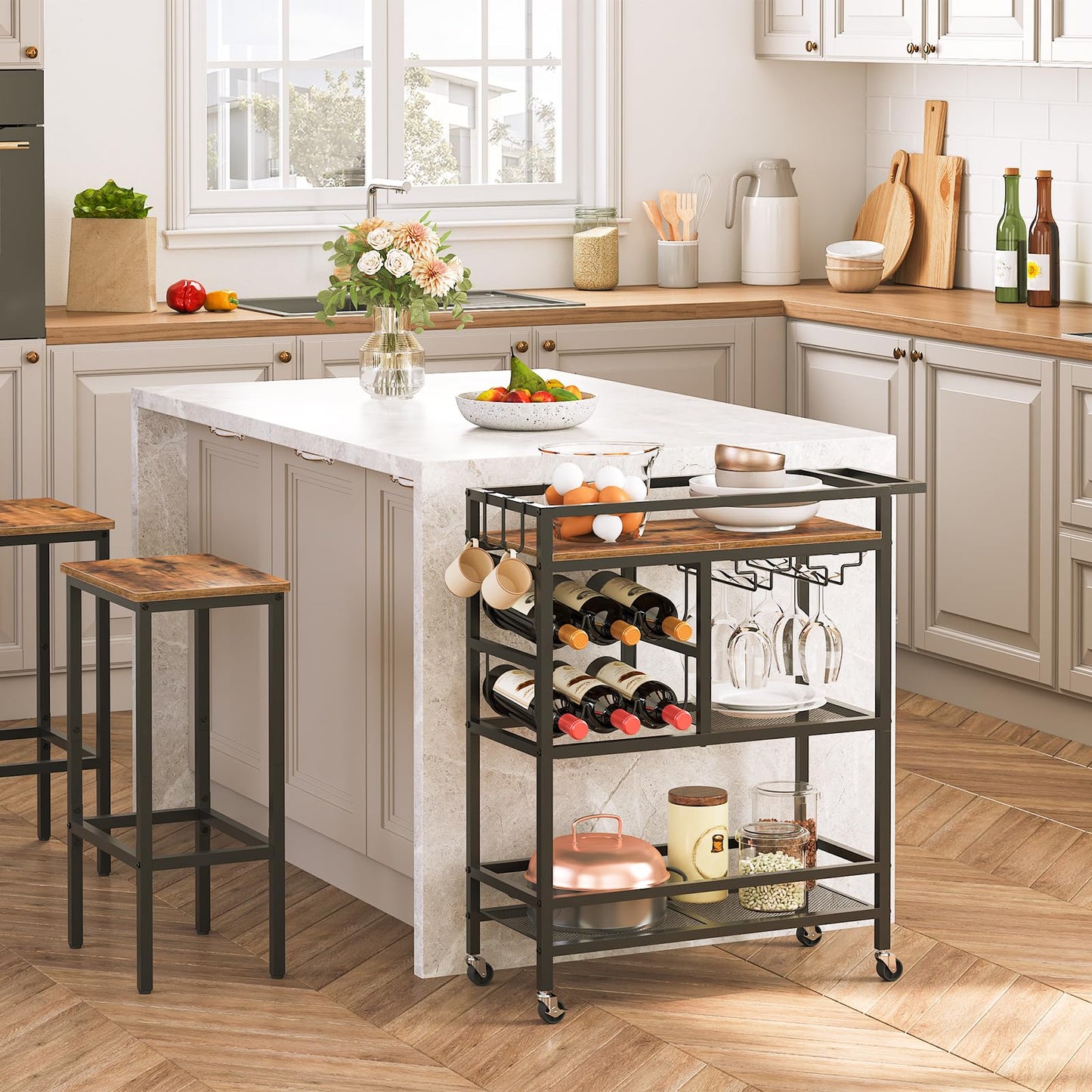 MAHANCRIS Bar Cart for The Home, 3-Tier Serving Cart with Wheels and Handle, Beverage Cart with Wine Rack and Glass Holder for Kitchen, Dining Room, Rustic Brown RCHR6101