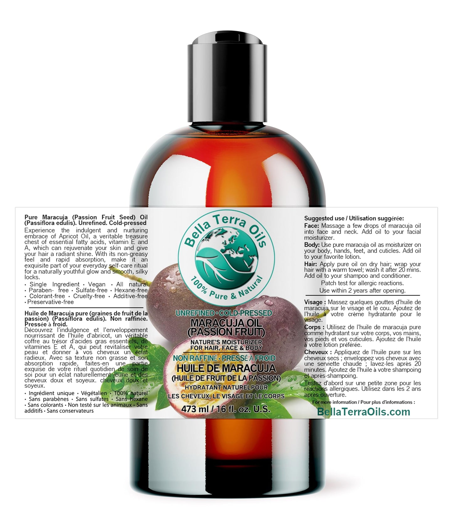 Bella Terra Oils Pure Cold‑Pressed Maracuja Oil, 473 mL (16 fl oz) – Lightweight & Non‑Greasy for Lustrous Hair & Radiant Skin