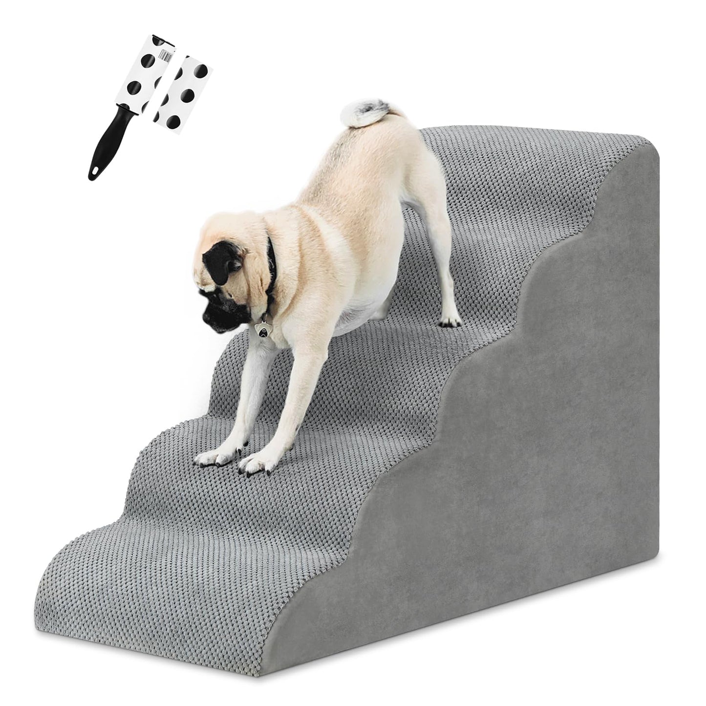 MOOACE 5 Steps Dog Stairs for Beds and Couches, Pet Stairs Rampwith High Density Expand Immediately Foam, Washable Cover and Pet Hair Remover Roller - Reduce Stress on Pet Joints/Easy to Walk